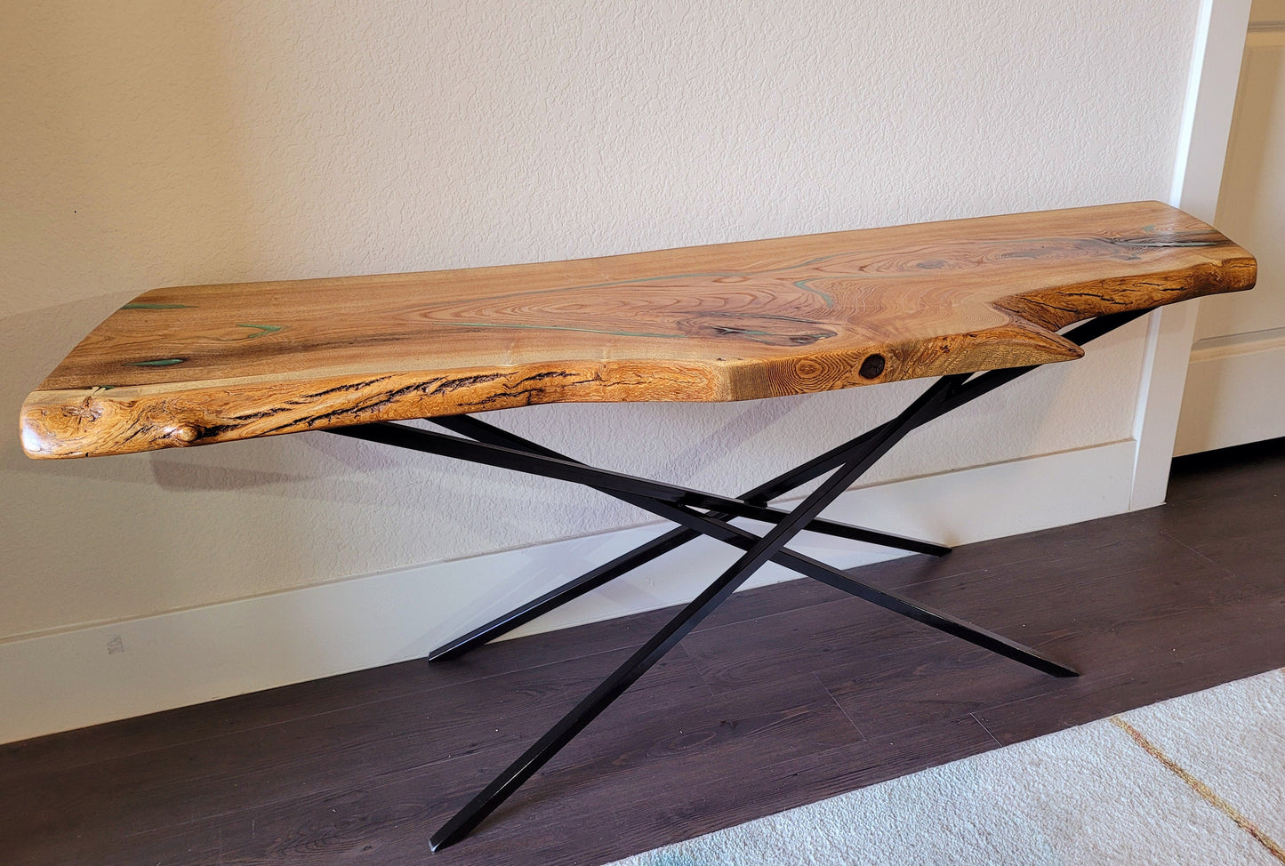 Ready to Ship! Cross Leg Table - White Oak Slab with Green Envy Epoxy