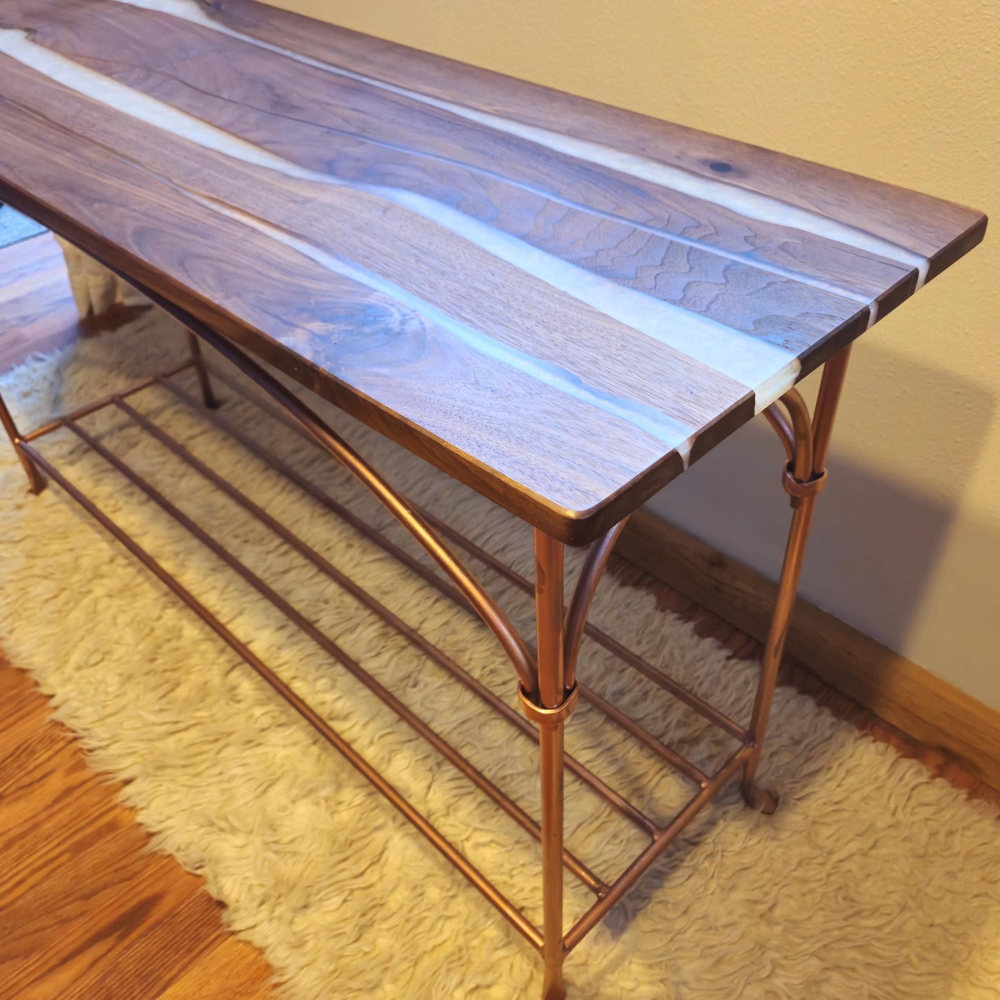 Wrought Iron & Walnut Entryway Table - Copper Opal Epoxy River Resin - Handmade in America