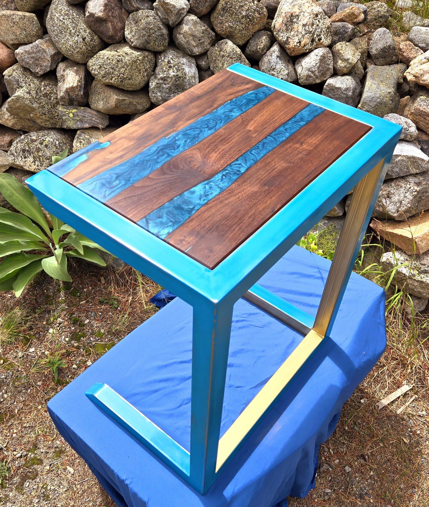 Custom C-Side Table w/ Walnut Wood and Colored Epoxy