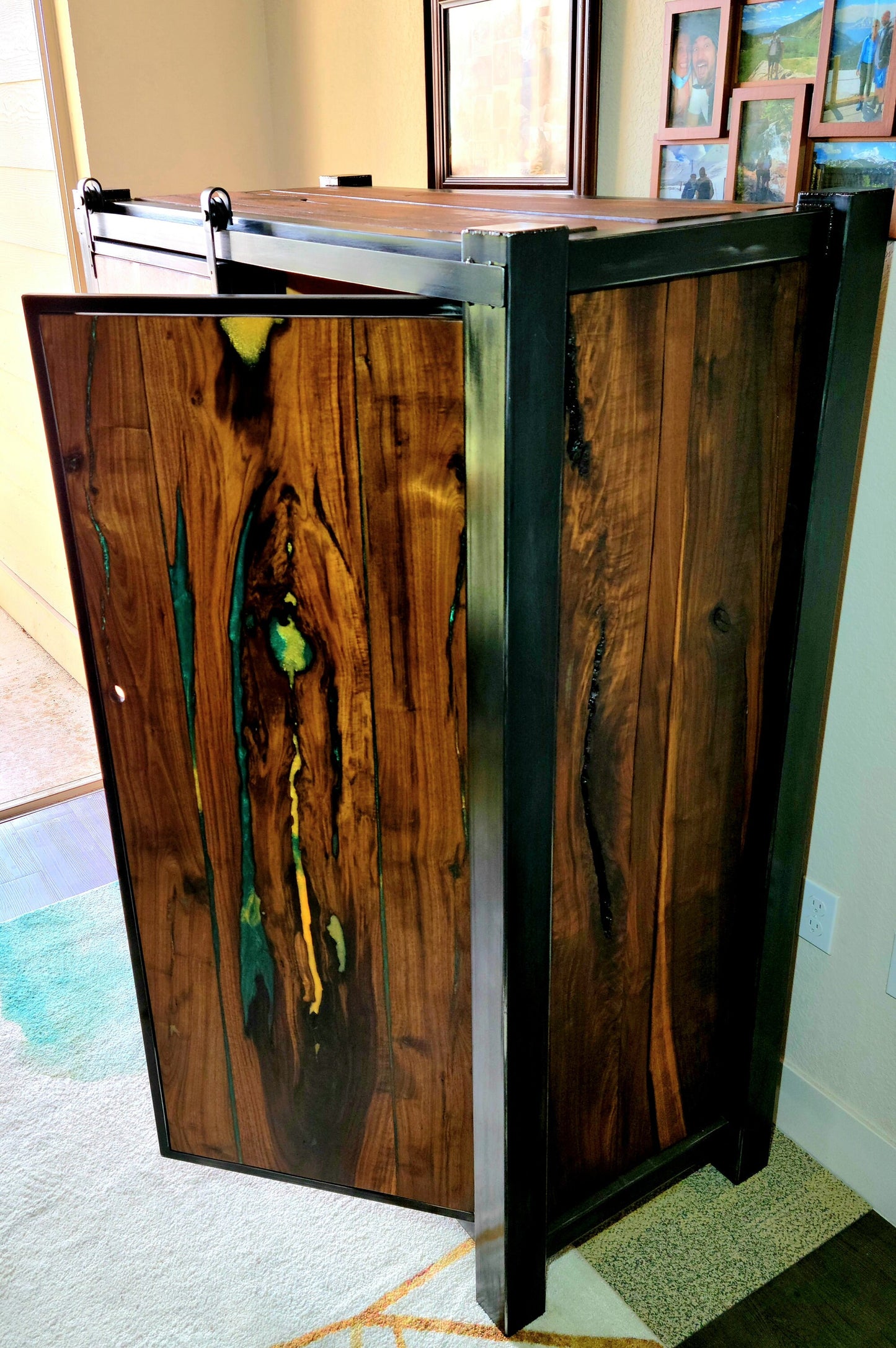 Barndoor Dresser - Liqour Cabinet - American Black Walnut & Epoxy Inlay - Handmade in USA