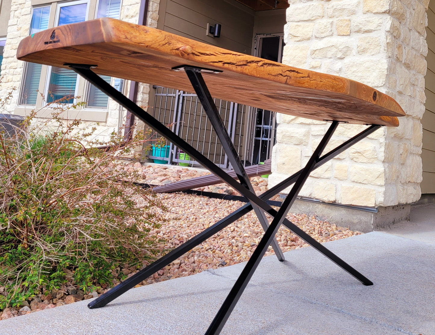 Ready to Ship! Cross Leg Table - White Oak Slab with Green Envy Epoxy