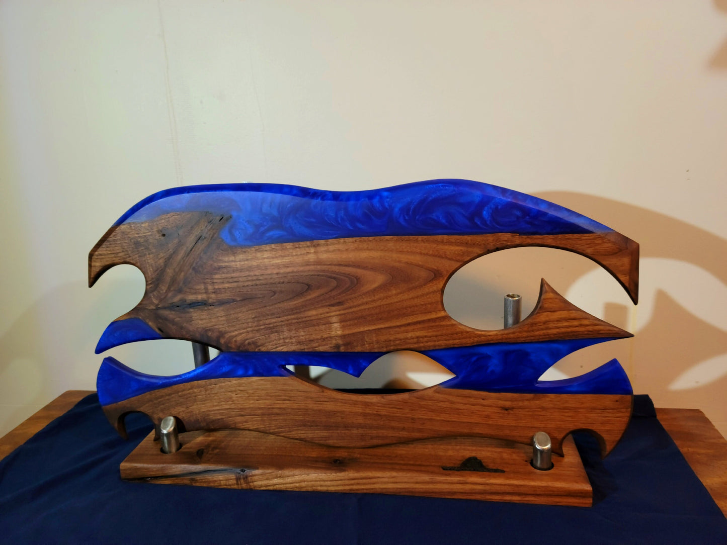 Ready to Ship! Ocean Blue Epoxy Resin Wave/Axe Art with American Black Walnut Wood and Display