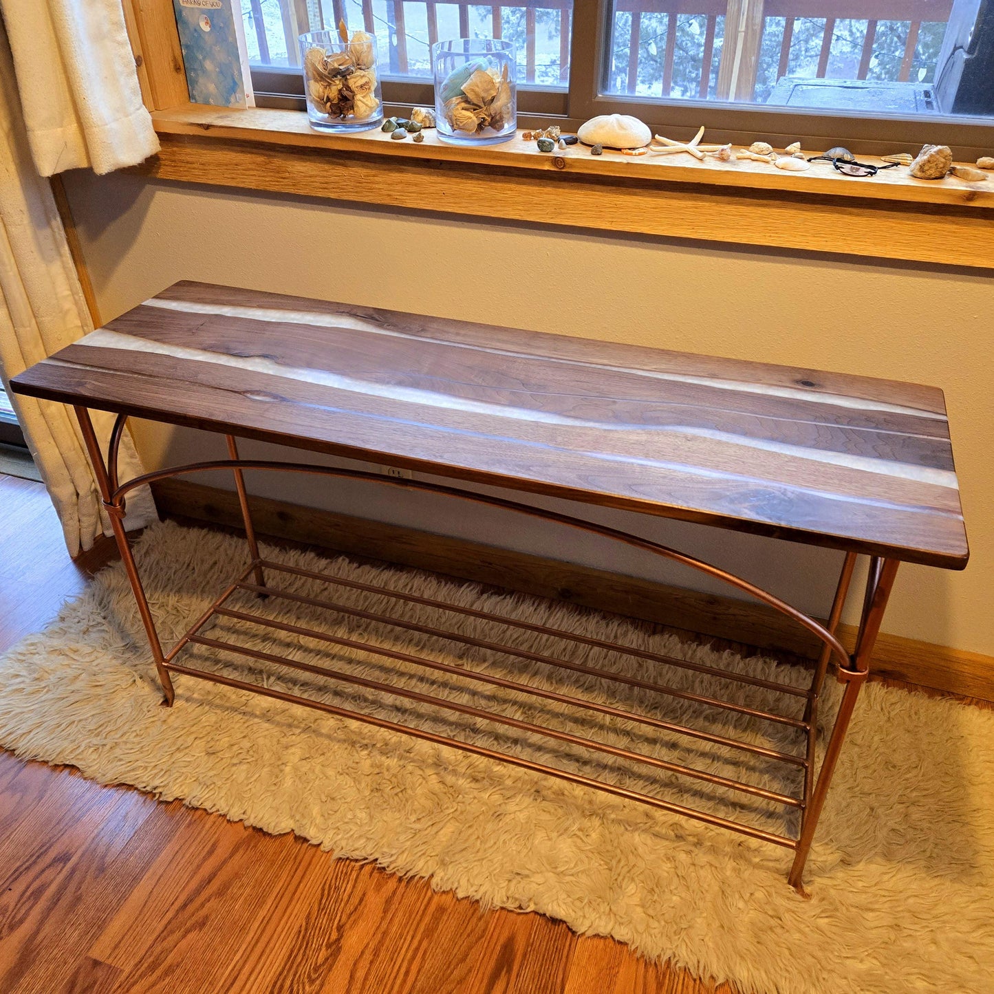 Wrought Iron & Walnut Entryway Table - Copper Opal Epoxy River Resin - Handmade in America