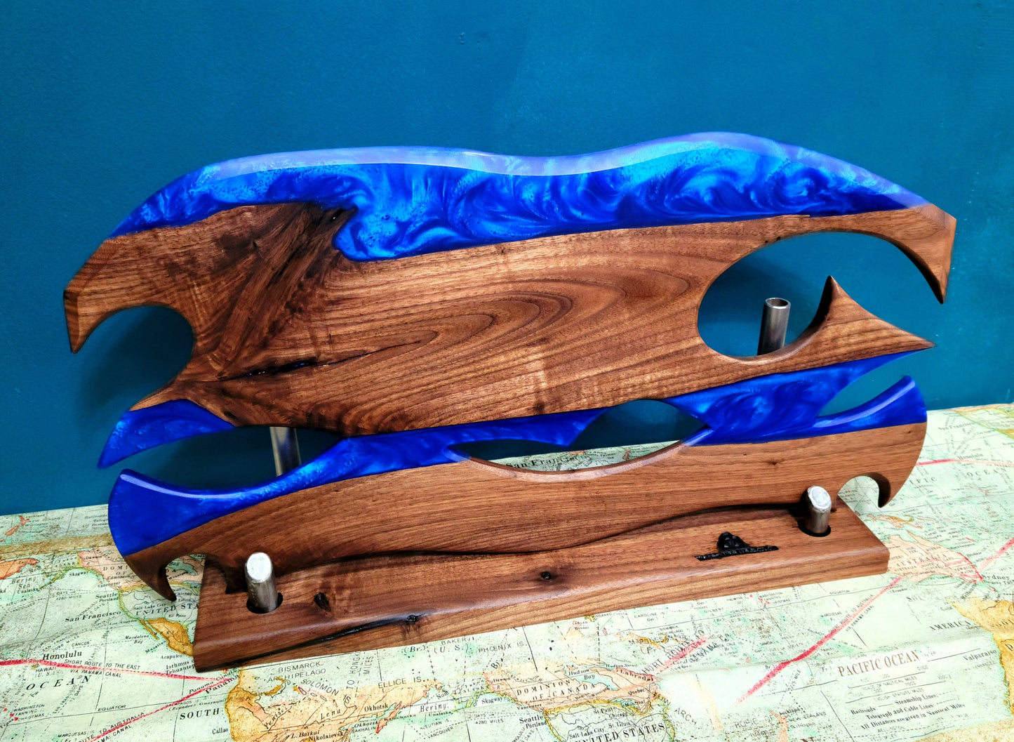 Ready to Ship! Ocean Blue Epoxy Resin Wave/Axe Art with American Black Walnut Wood and Display