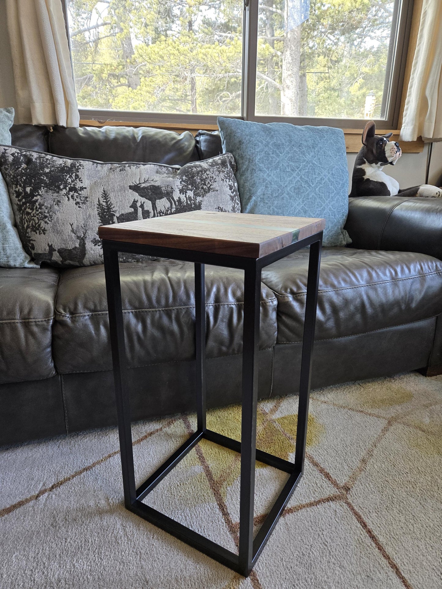 New Side Table - Handmade Real Steel & American Walnut with Moss Green Epoxy