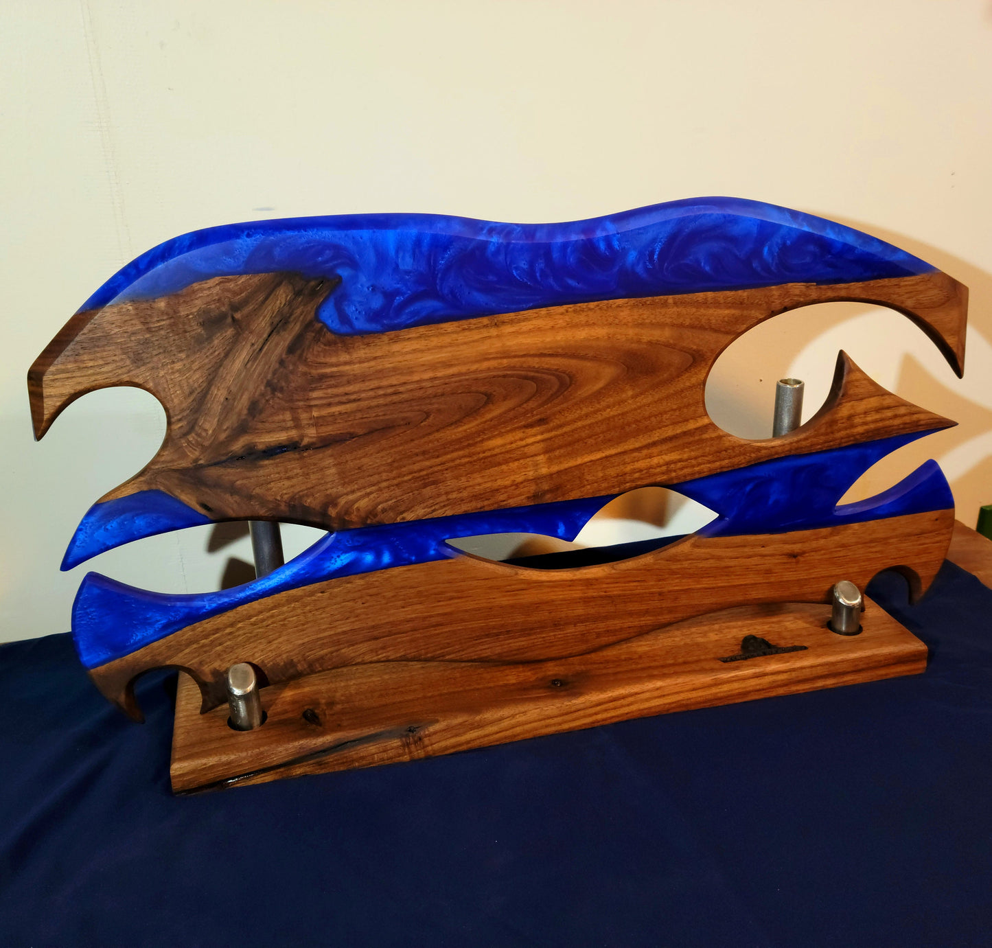 Ready to Ship! Ocean Blue Epoxy Resin Wave/Axe Art with American Black Walnut Wood and Display