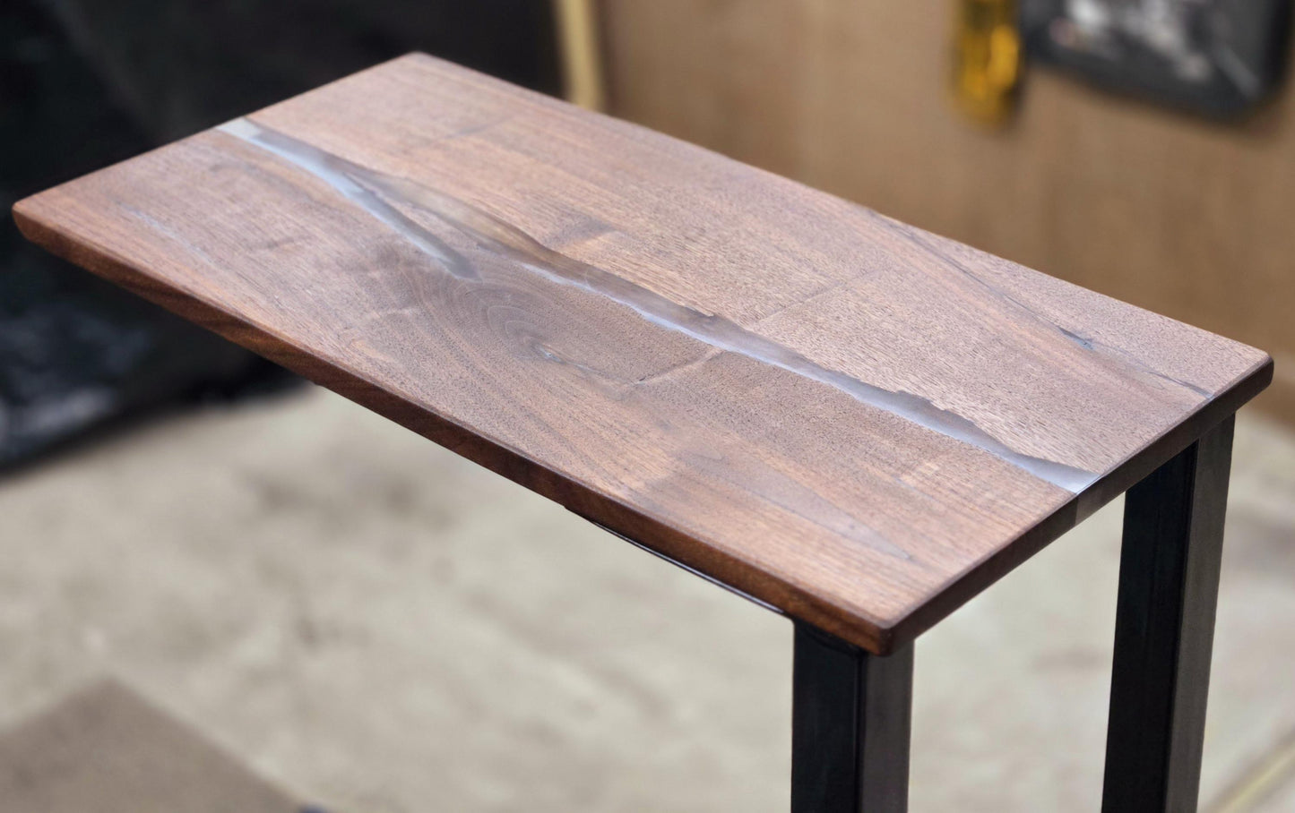 Clear Side Table - Handmade Real Steel & American Walnut with Ghost Copper epoxy