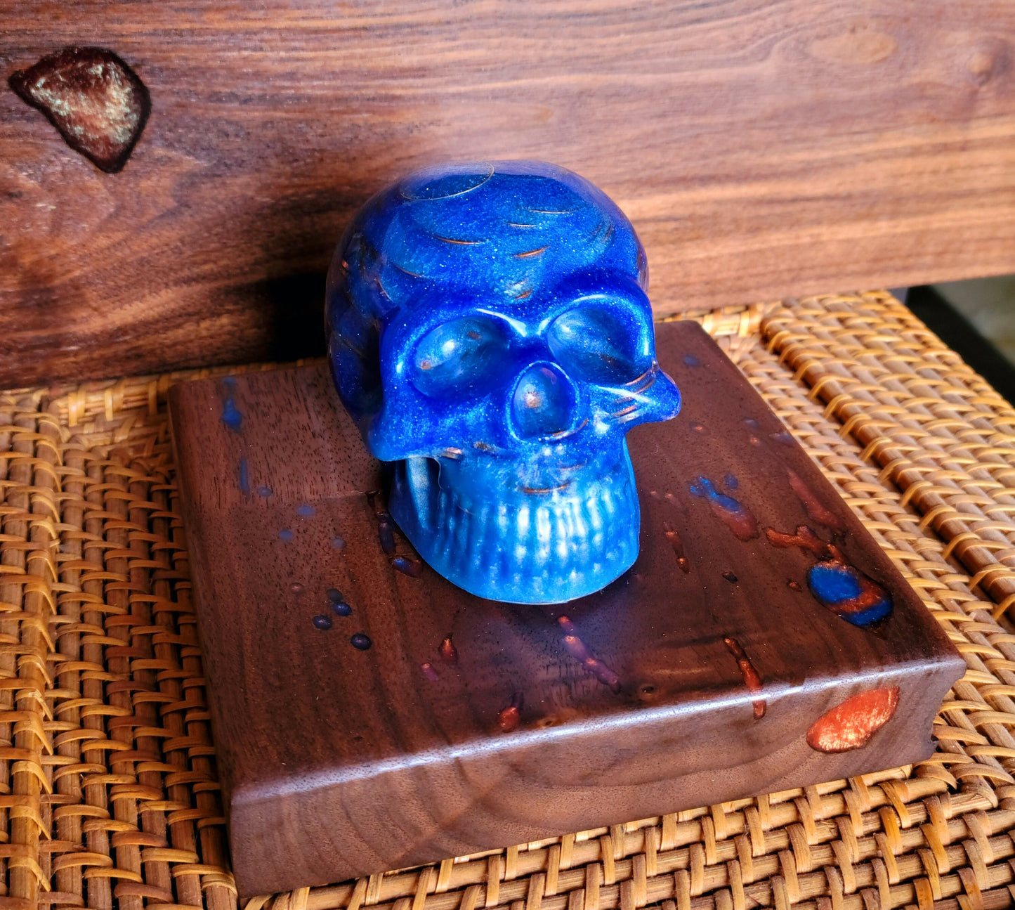 Made to Order! - Fortune Infused Skull - Mana Blue/Caribbean Blue - Black Walnut Base w/Copper&Blue