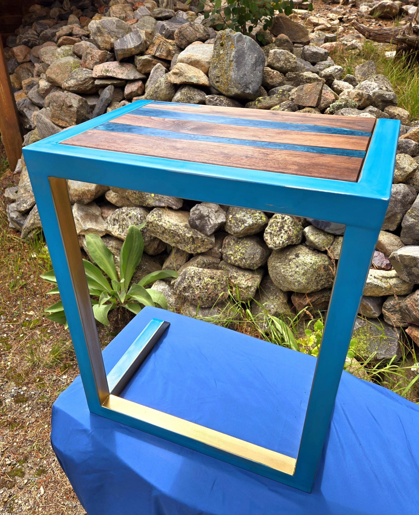 Custom C-Side Table w/ Walnut Wood and Colored Epoxy