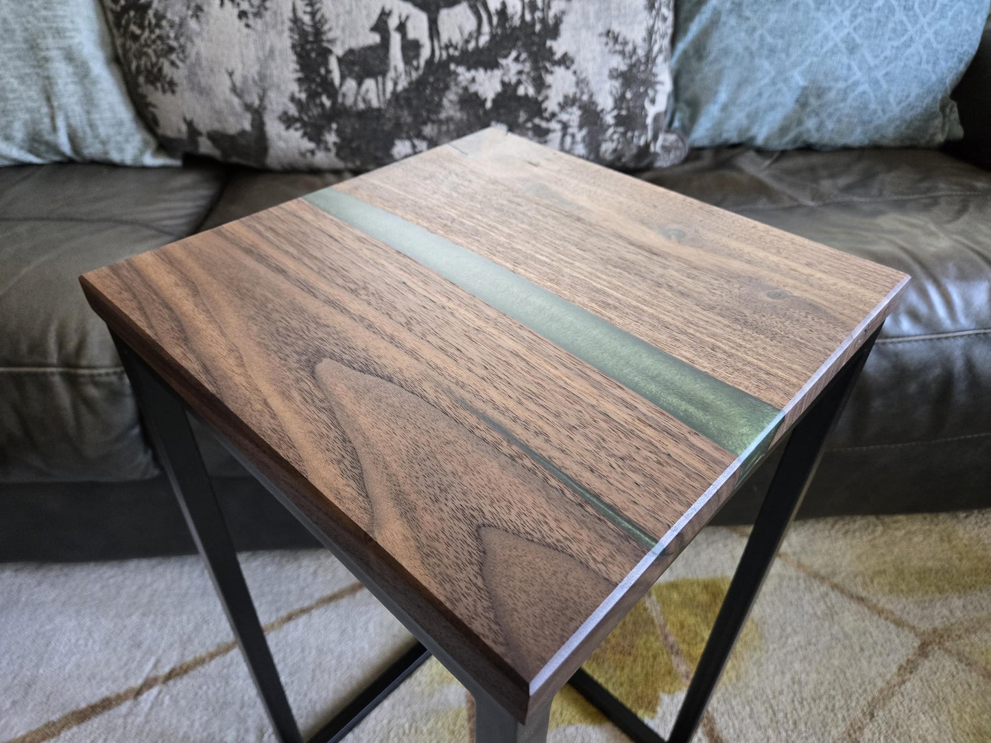 New Side Table - Handmade Real Steel & American Walnut with Moss Green Epoxy