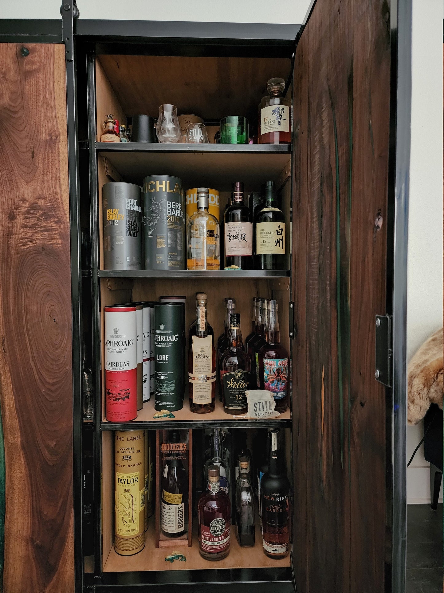 Barndoor Dresser - Liqour Cabinet - American Black Walnut & Epoxy Inlay - Handmade in USA
