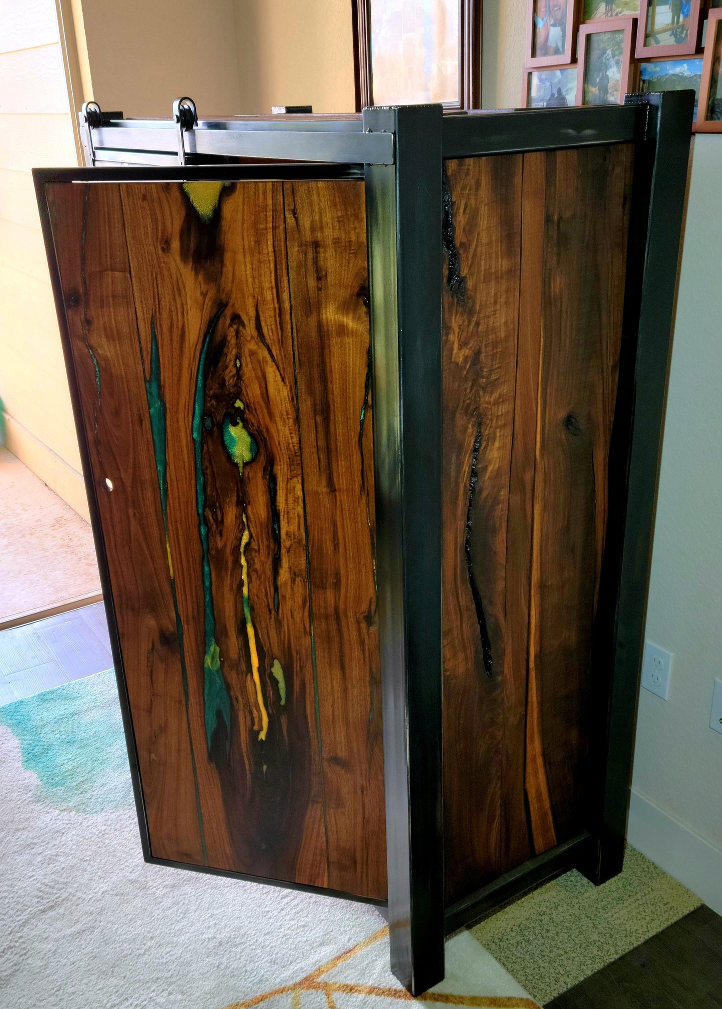 Barndoor Dresser - Liqour Cabinet - American Black Walnut & Epoxy Inlay - Handmade in USA