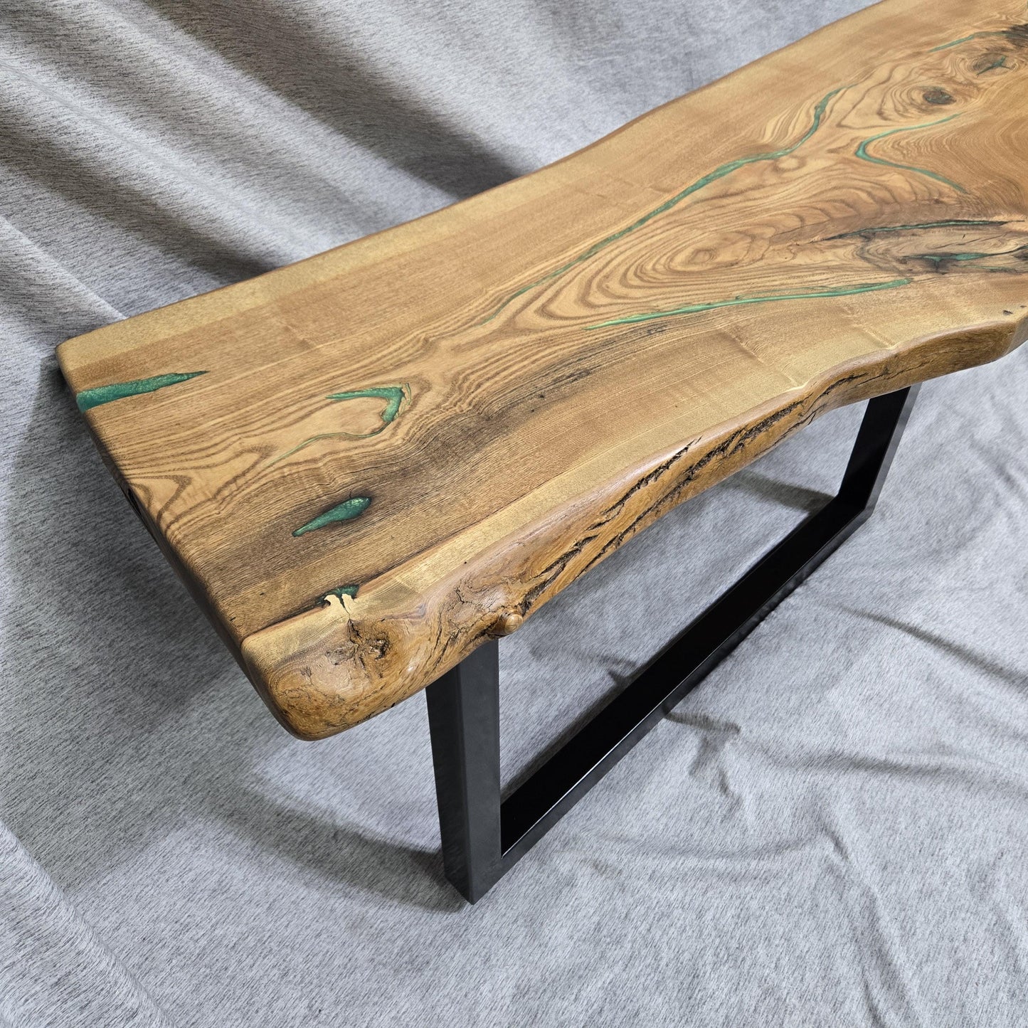 Live Edge Oak Coffee Table Golden Green Epoxy Gloss Black Legs