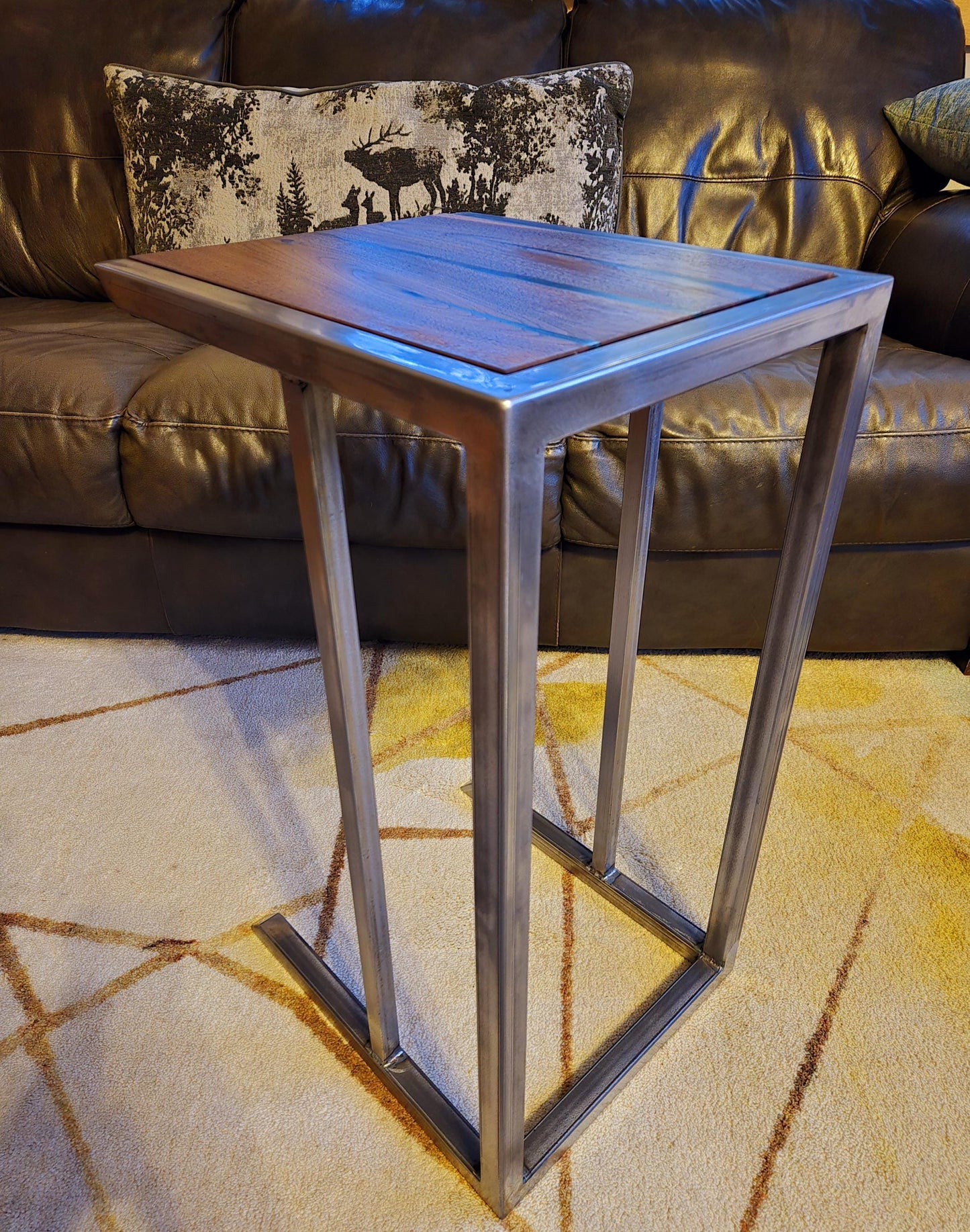 C-Side Table - Handmade Real Steel & American Walnut with Emerald Epoxy