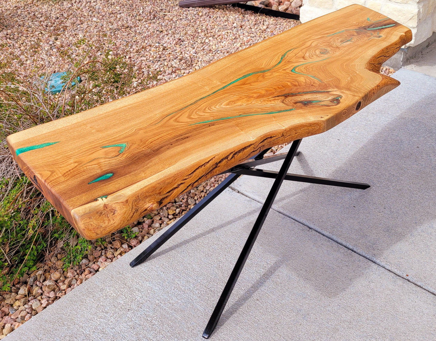 Ready to Ship! Cross Leg Table - White Oak Slab with Green Envy Epoxy