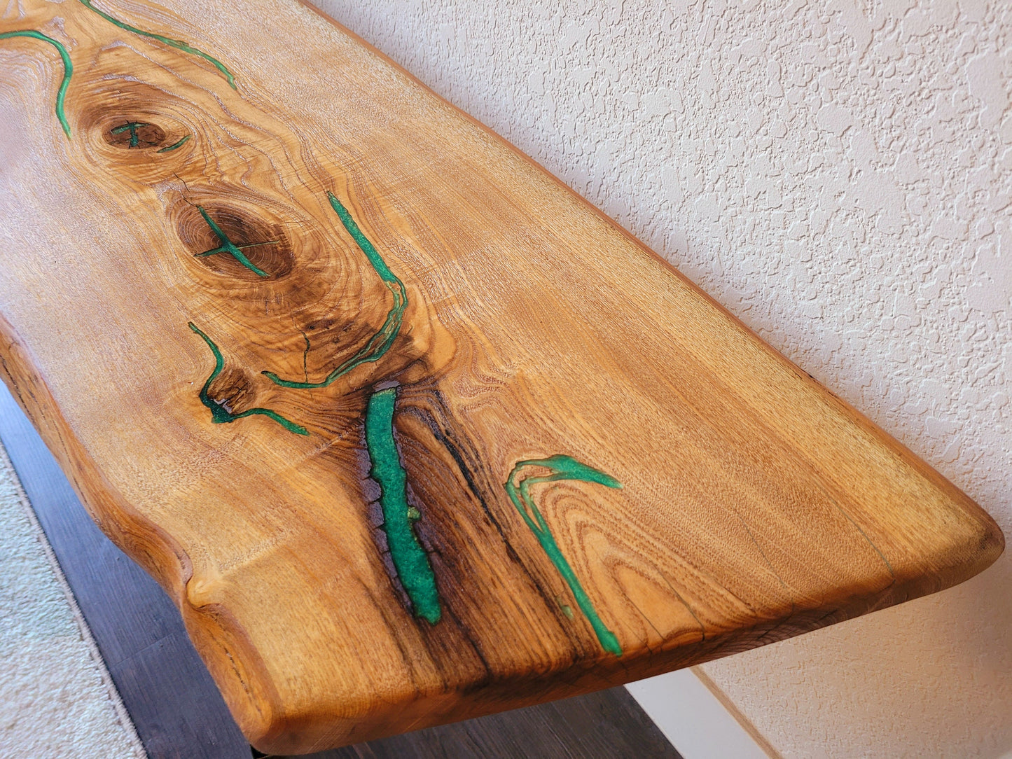 Ready to Ship! Cross Leg Table - White Oak Slab with Green Envy Epoxy