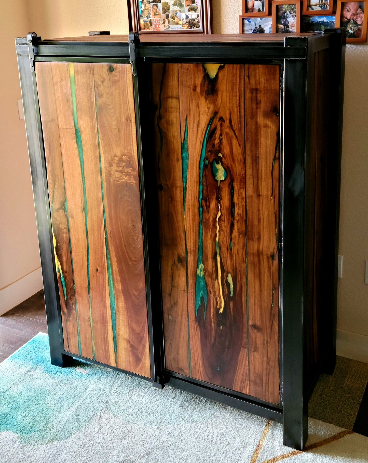 Barndoor Dresser - Liqour Cabinet - American Black Walnut & Epoxy Inlay - Handmade in USA