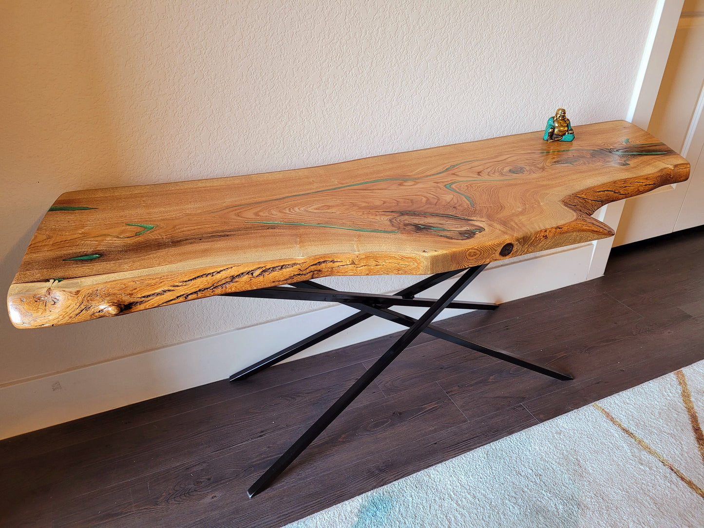 Ready to Ship! Cross Leg Table - White Oak Slab with Green Envy Epoxy