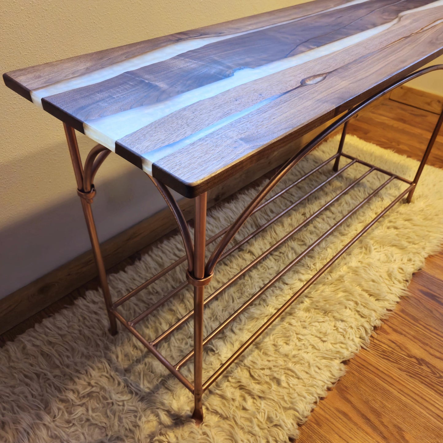 Wrought Iron & Walnut Entryway Table - Copper Opal Epoxy River Resin - Handmade in America