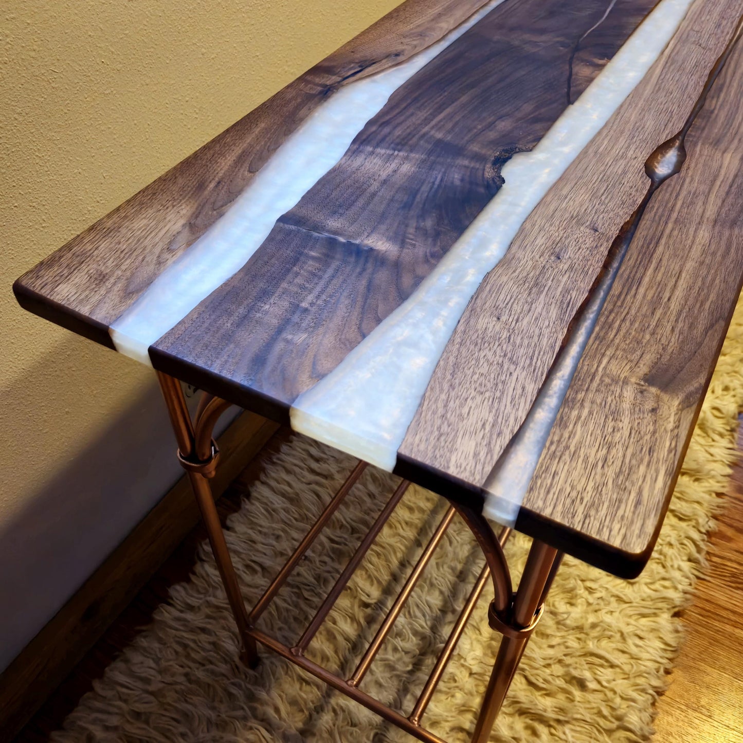 Wrought Iron & Walnut Entryway Table - Copper Opal Epoxy River Resin - Handmade in America