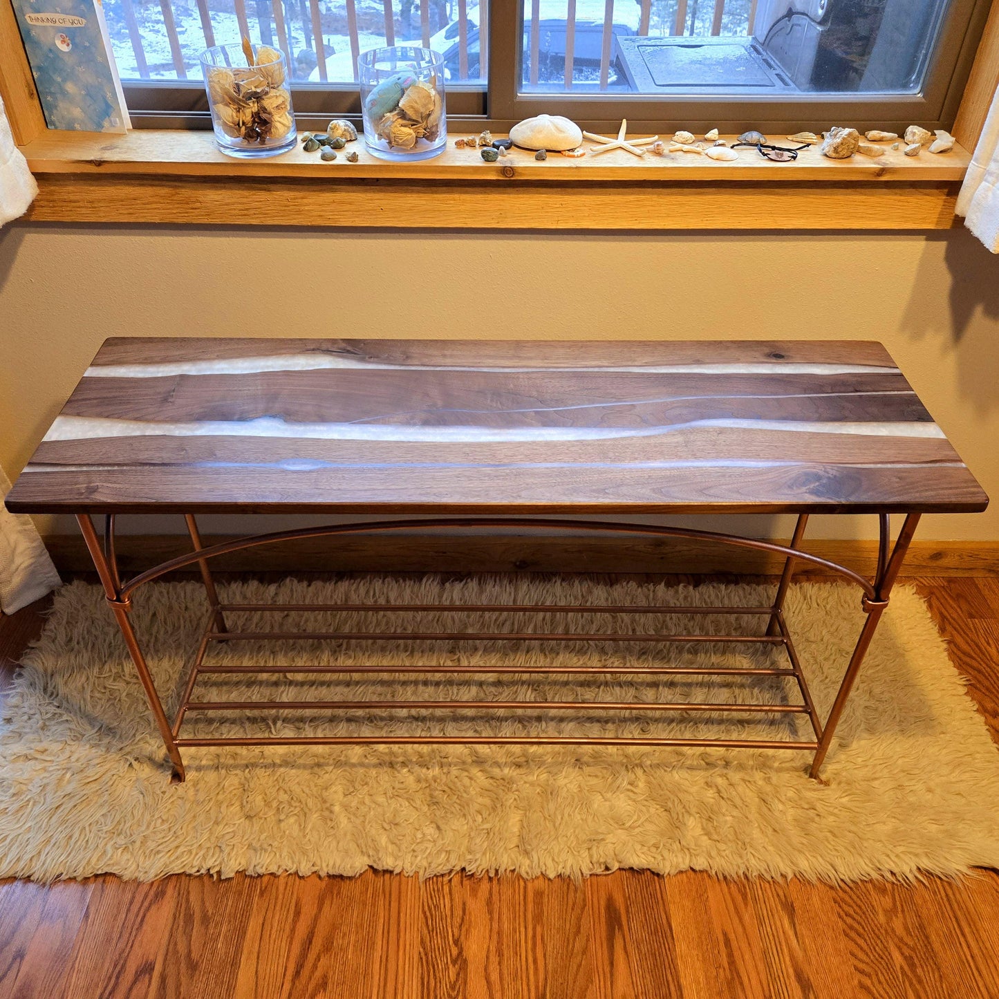 Wrought Iron & Walnut Entryway Table - Copper Opal Epoxy River Resin - Handmade in America