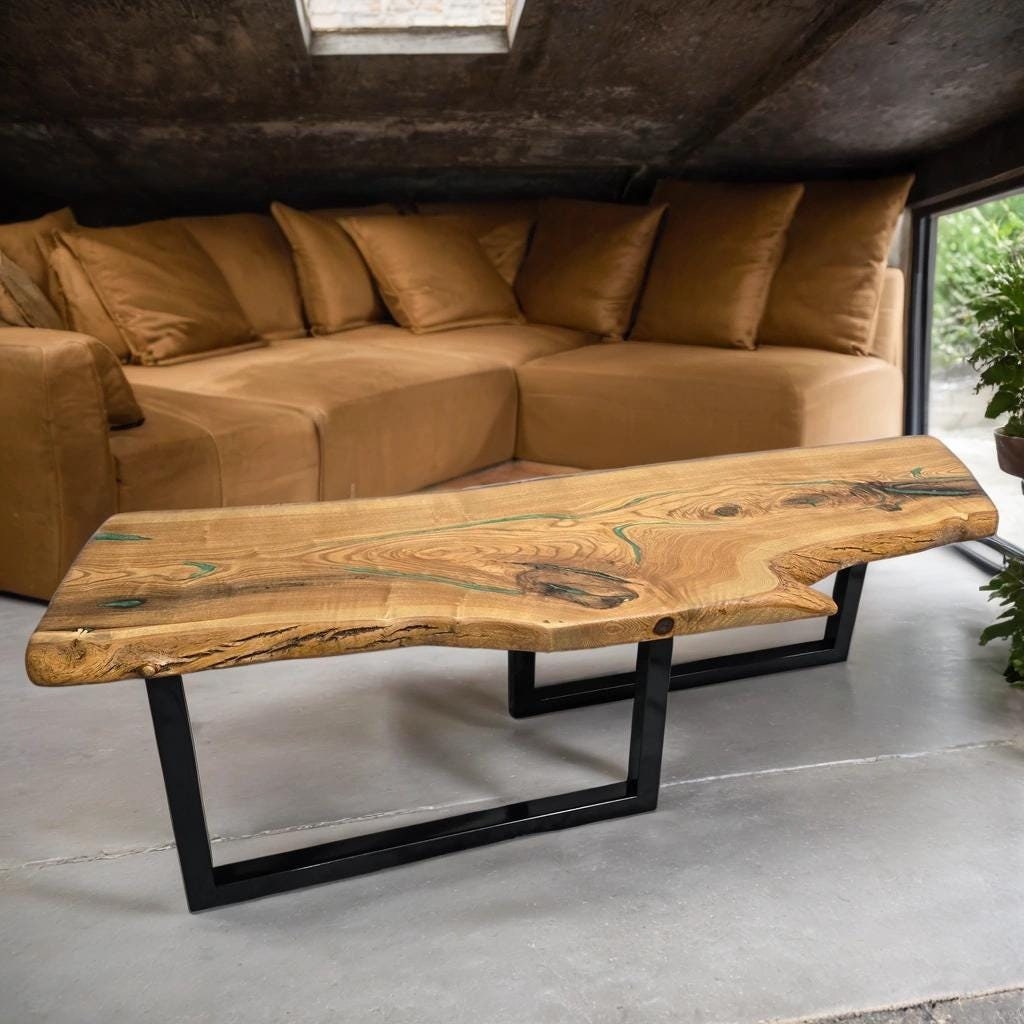 Live Edge Oak Coffee Table Golden Green Epoxy Gloss Black Legs