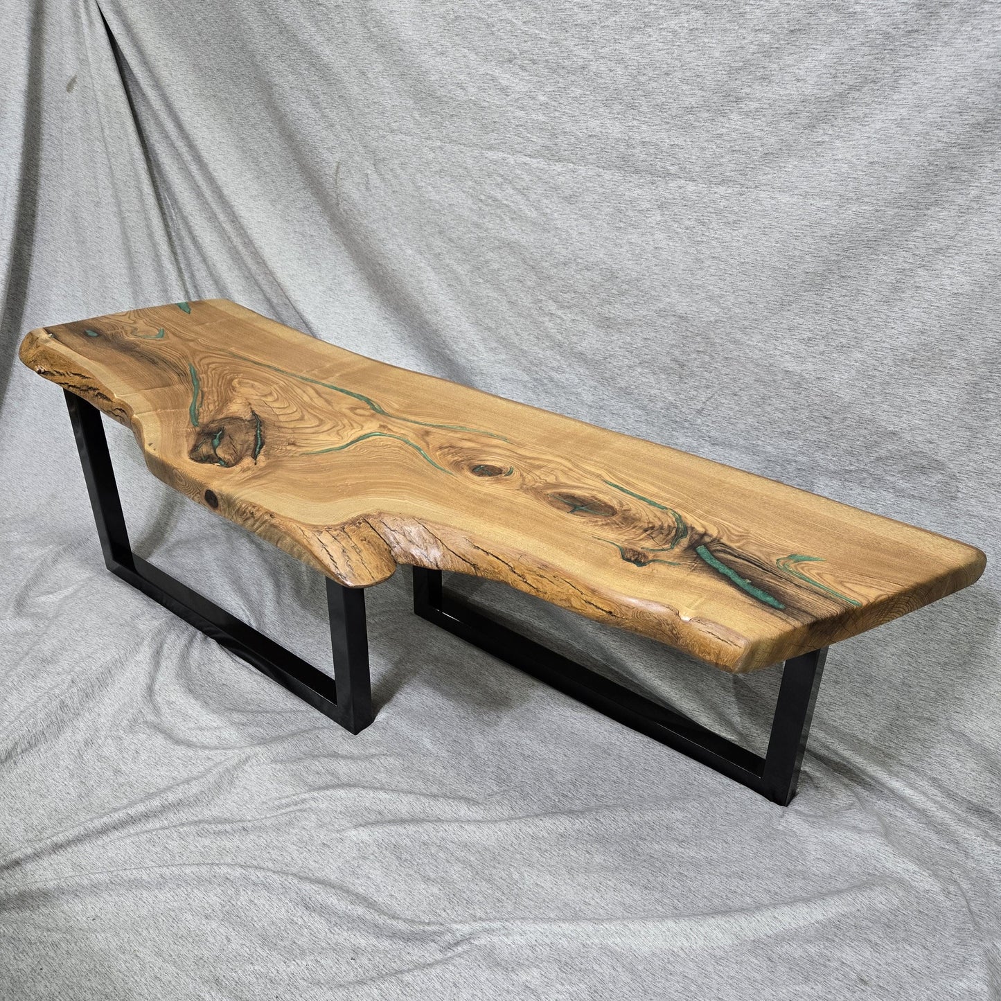 Live Edge Oak Coffee Table Golden Green Epoxy Gloss Black Legs
