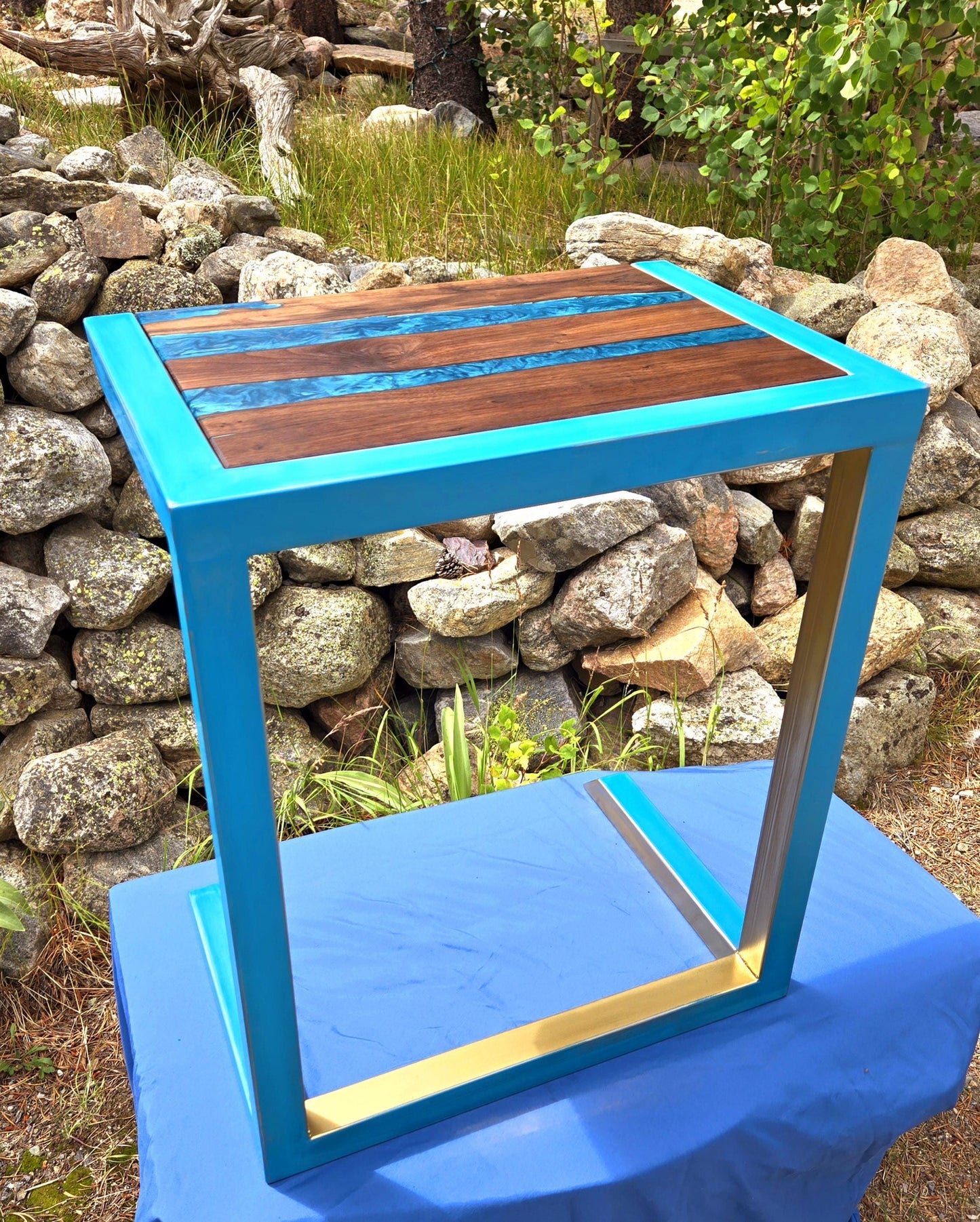 Custom C-Side Table w/ Walnut Wood and Colored Epoxy