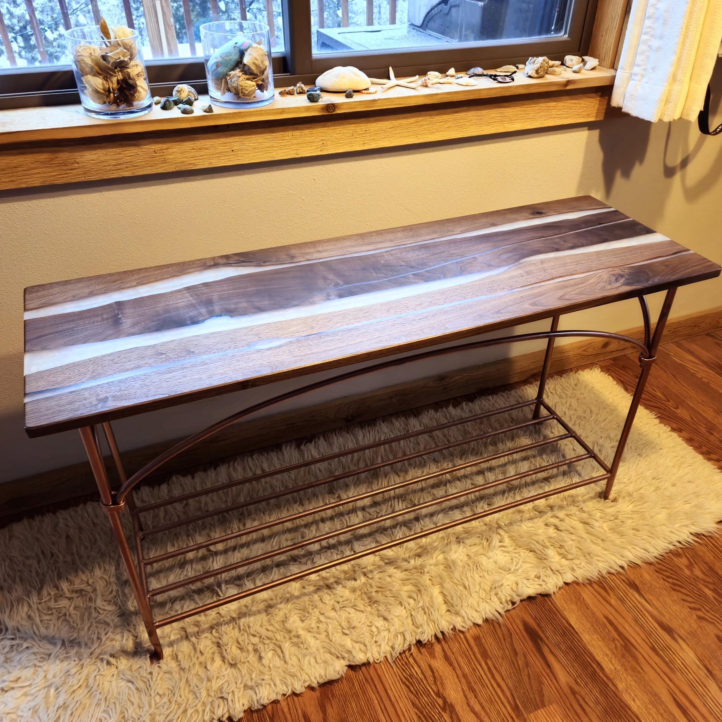 Wrought Iron & Walnut Entryway Table - Copper Opal Epoxy River Resin - Handmade in America