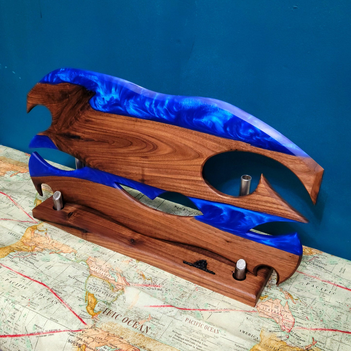 Ready to Ship! Ocean Blue Epoxy Resin Wave/Axe Art with American Black Walnut Wood and Display