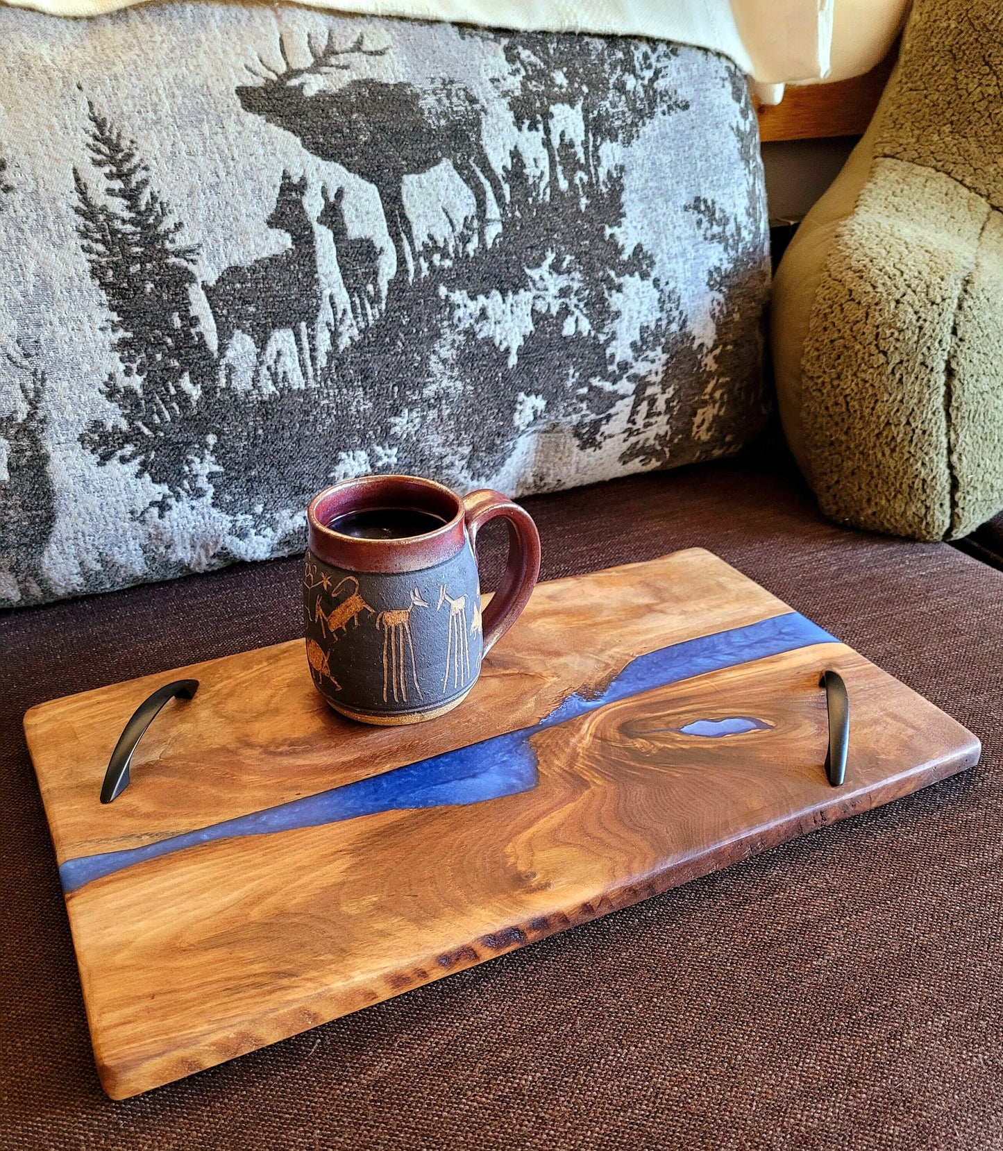 Made to Order! - Diamond Deep Sea Blue & Black Walnut Serving Tray Cutting Board