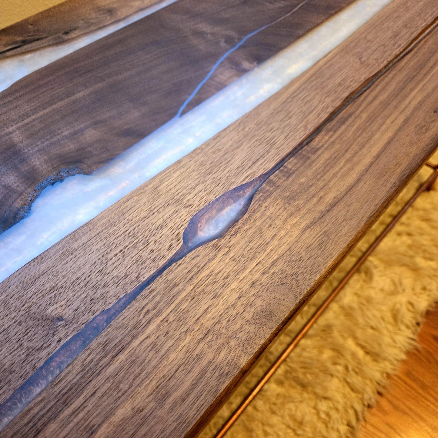 Wrought Iron & Walnut Entryway Table - Copper Opal Epoxy River Resin - Handmade in America