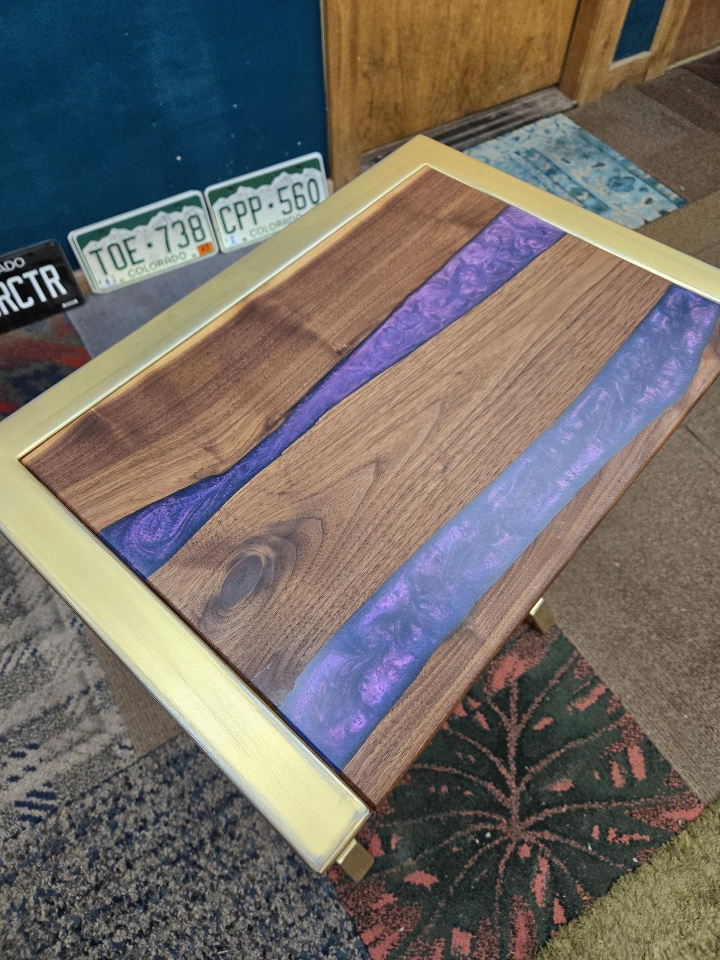 C-Side Table - Handmade Real Steel & American Walnut with Kamenbudokai epoxy