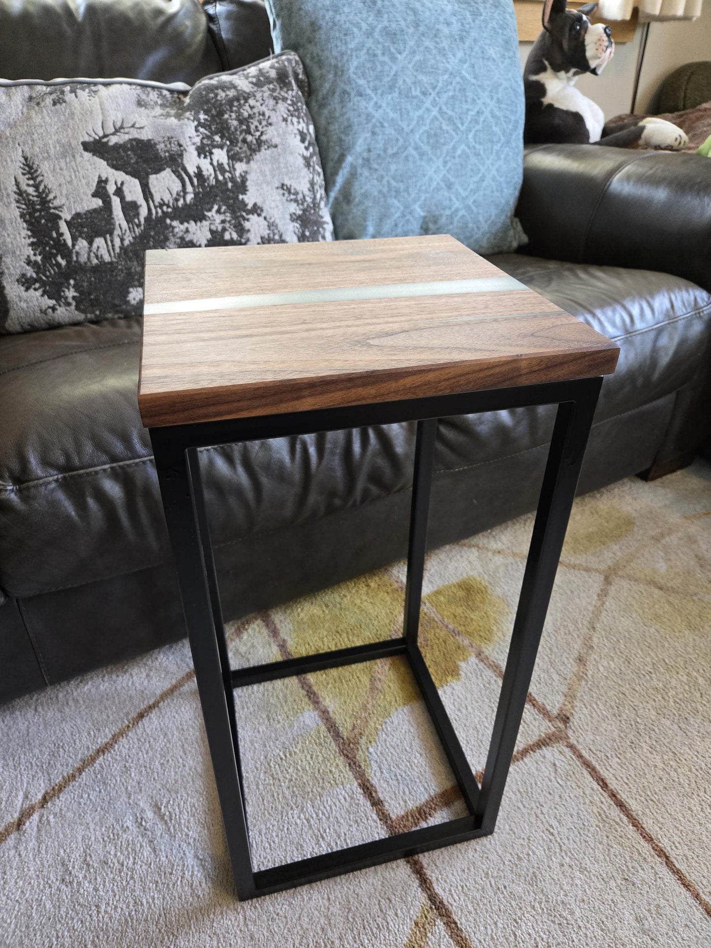 New Side Table - Handmade Real Steel & American Walnut with Moss Green Epoxy