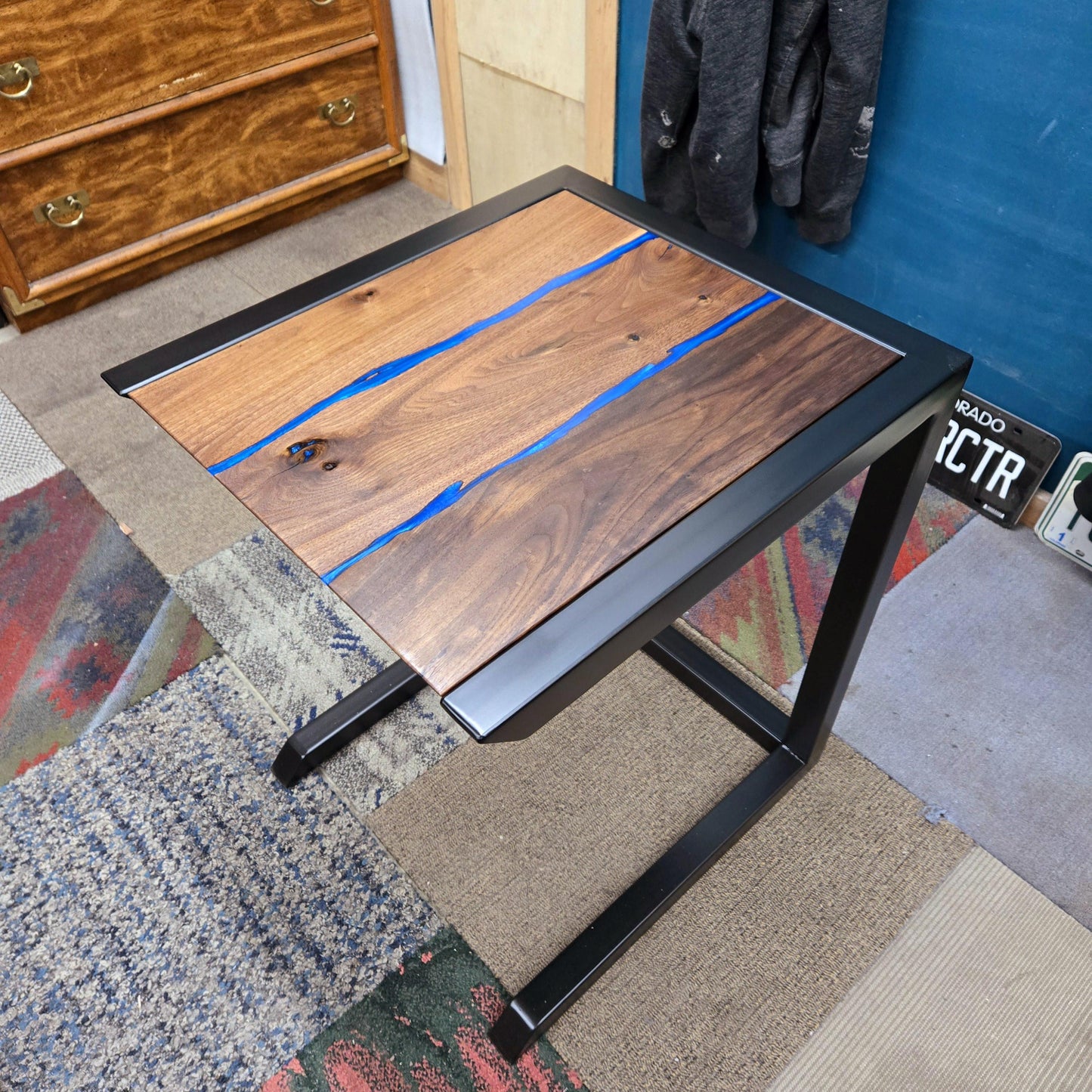 C-Side Table - Handmade Real Steel & American Walnut with Deep Sea Blue epoxy