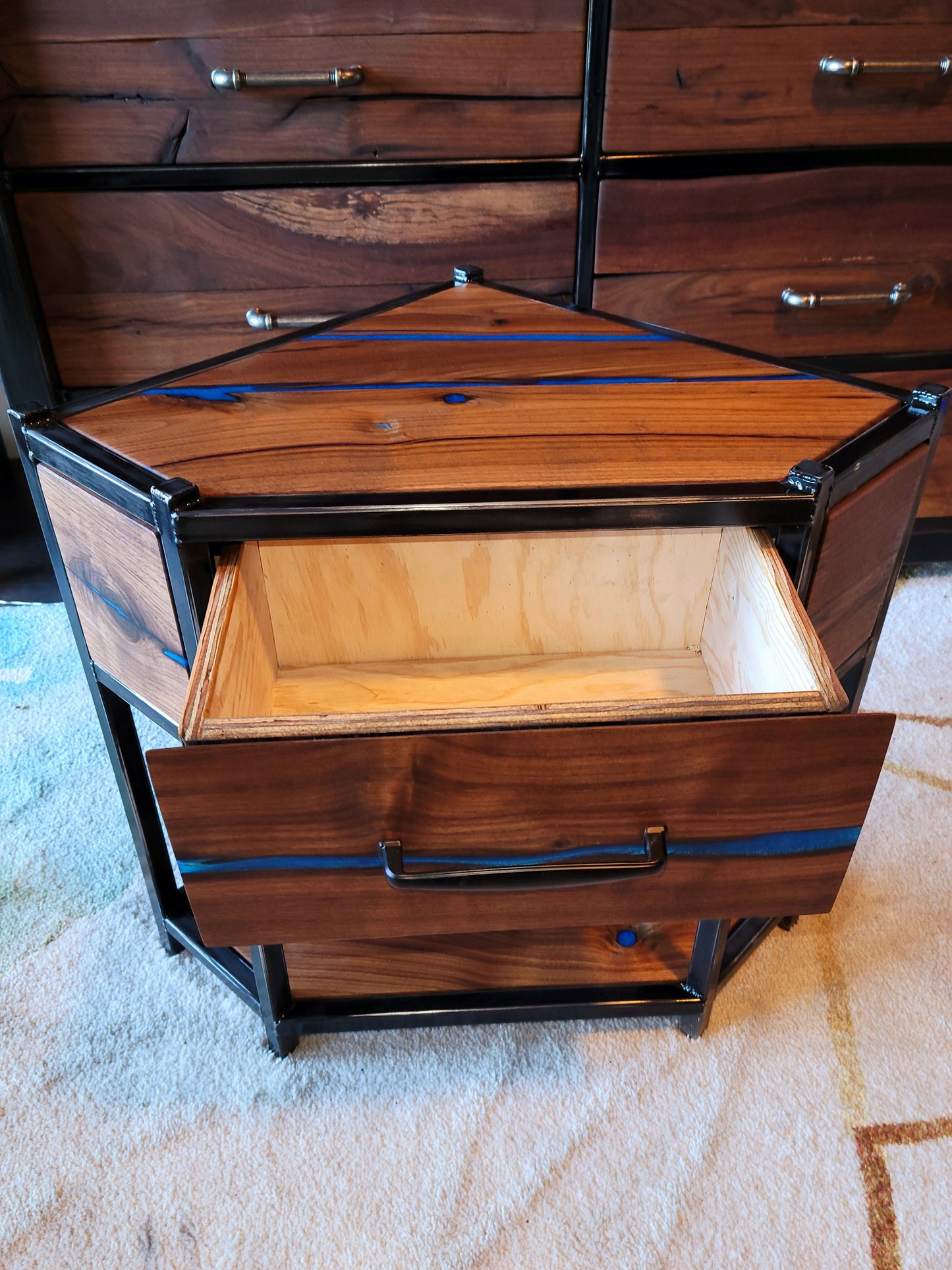 Custom Corner Table - 100% Handmade - Black Walnut - Iridescent Blue Epoxy Inlay - Single Drawer
