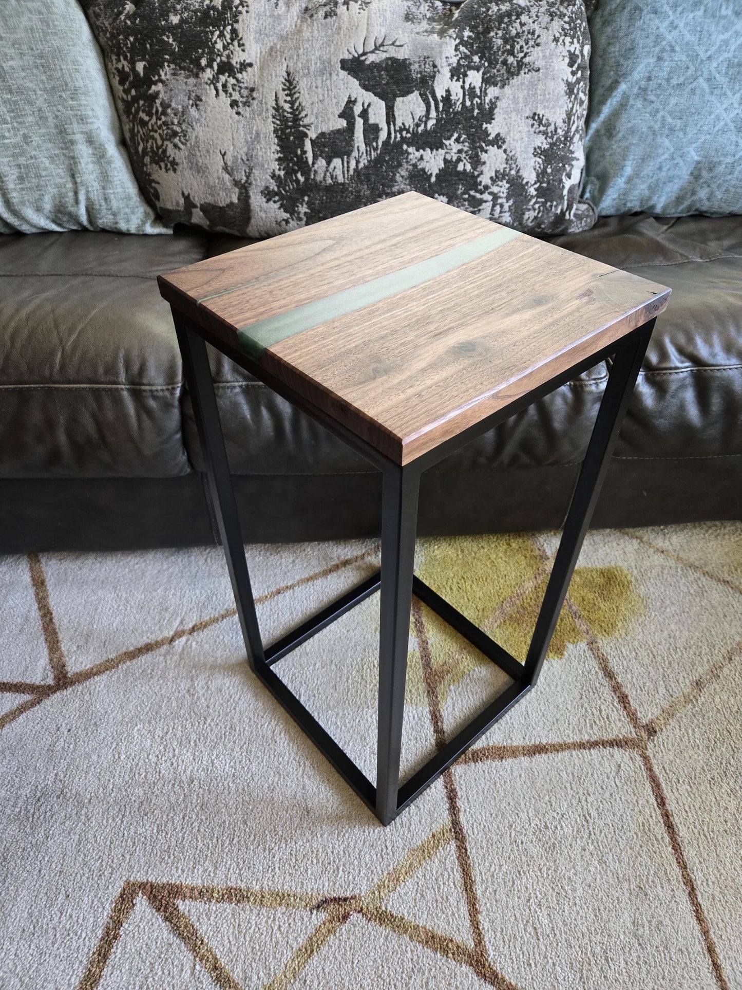 New Side Table - Handmade Real Steel & American Walnut with Moss Green Epoxy