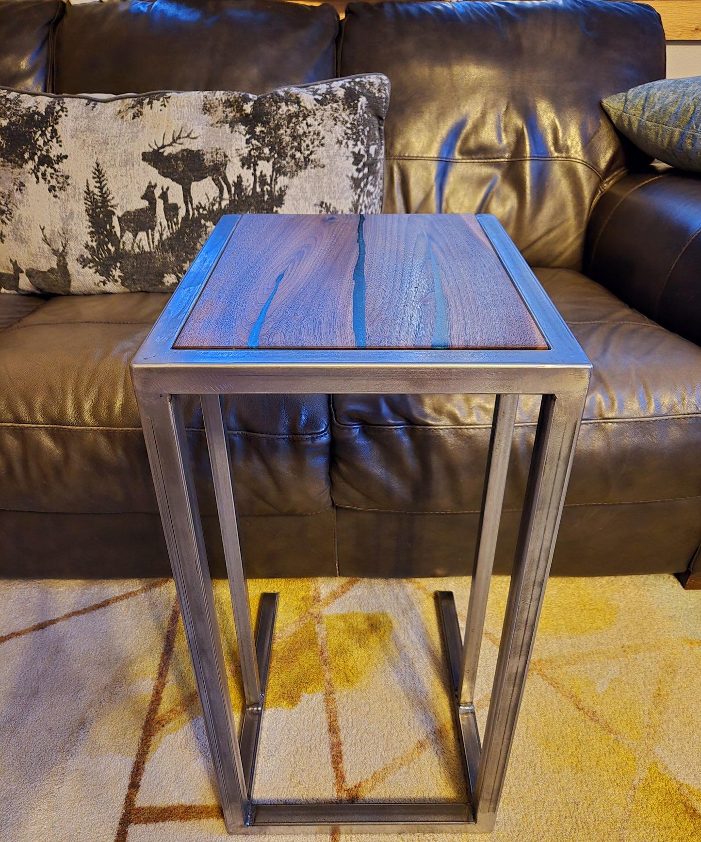 C-Side Table - Handmade Real Steel & American Walnut with Emerald Epoxy