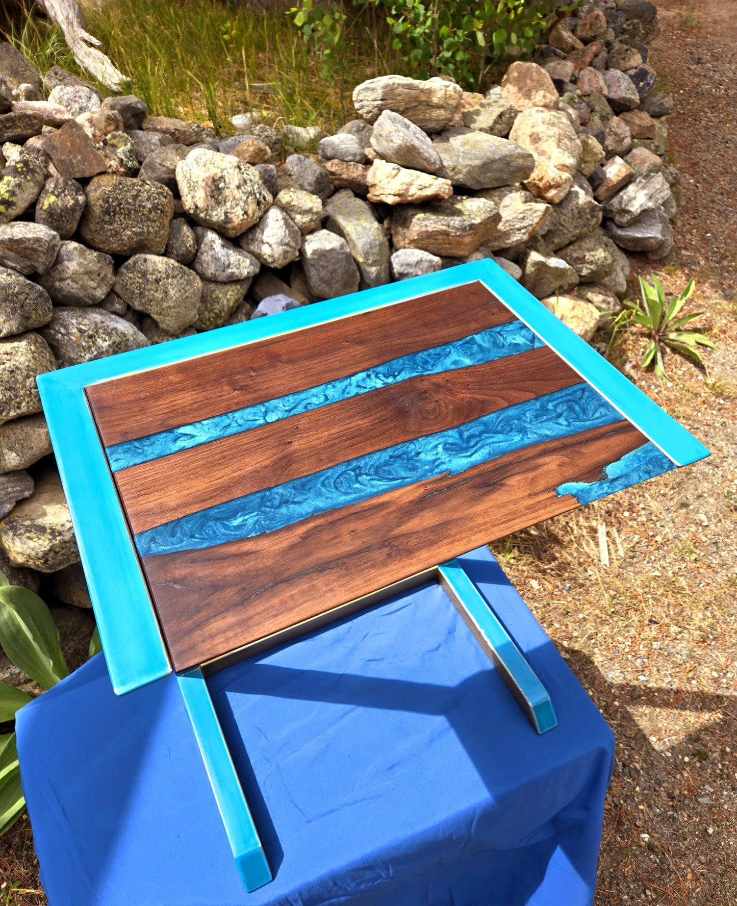 Custom C-Side Table w/ Walnut Wood and Colored Epoxy