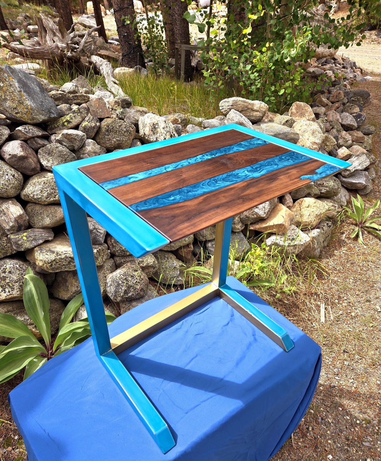 Custom C-Side Table w/ Walnut Wood and Colored Epoxy