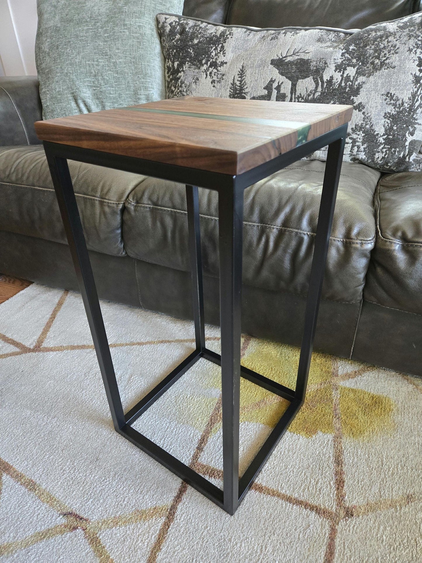 New Side Table - Handmade Real Steel & American Walnut with Moss Green Epoxy