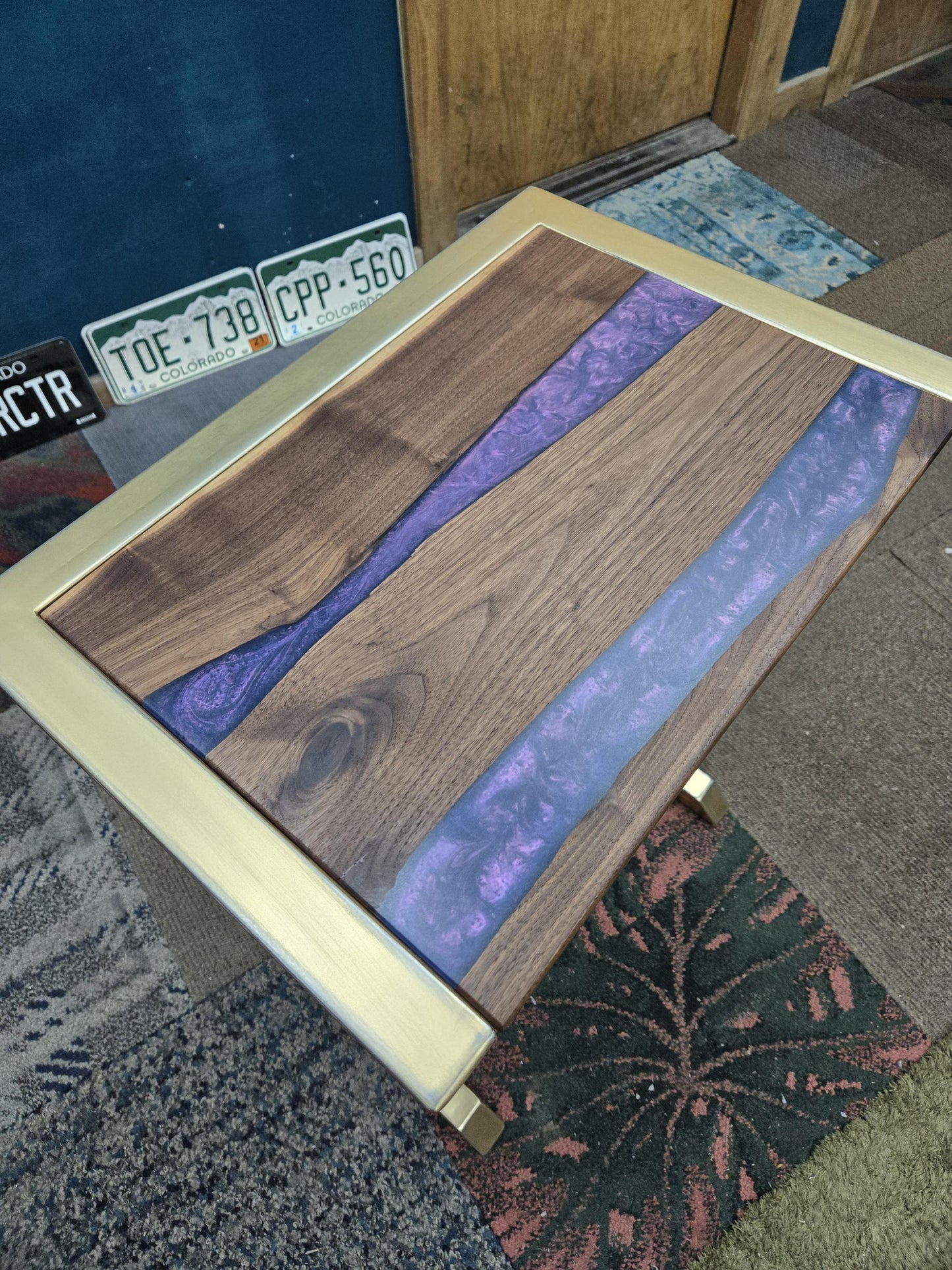 C-Side Table - Handmade Real Steel & American Walnut with Kamenbudokai epoxy