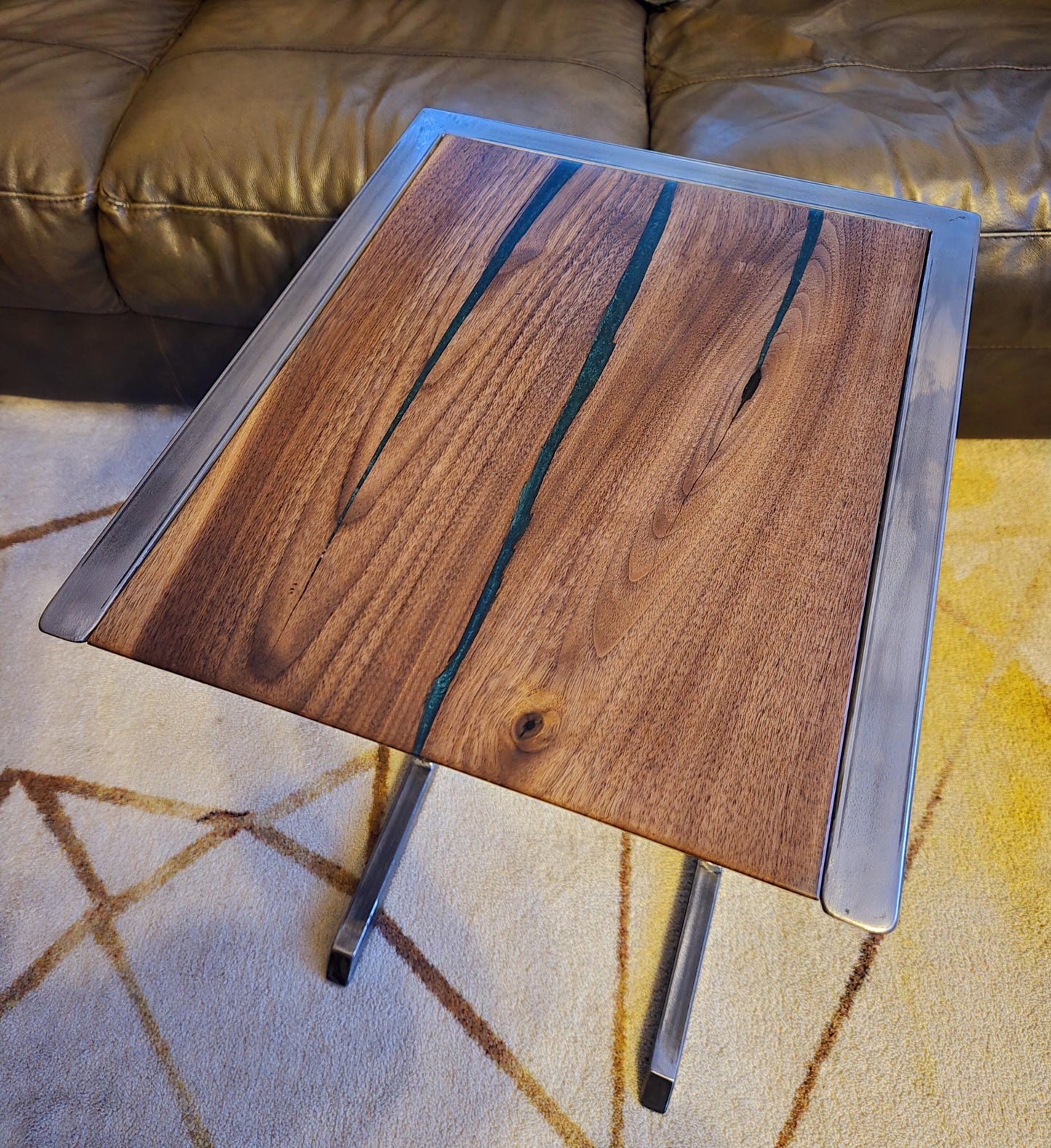 C-Side Table - Handmade Real Steel & American Walnut with Emerald Epoxy