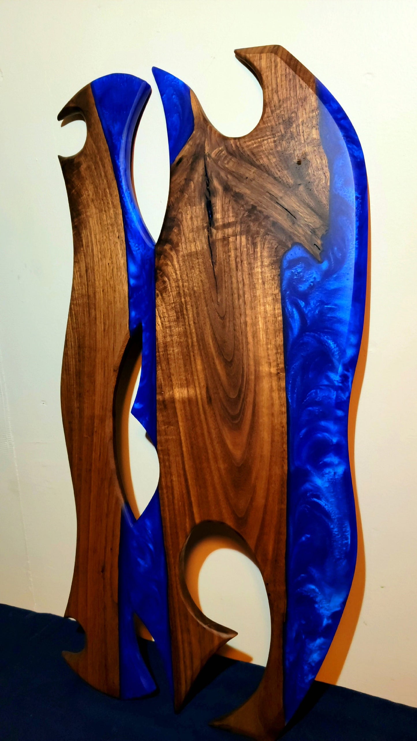 Ready to Ship! Ocean Blue Epoxy Resin Wave/Axe Art with American Black Walnut Wood and Display