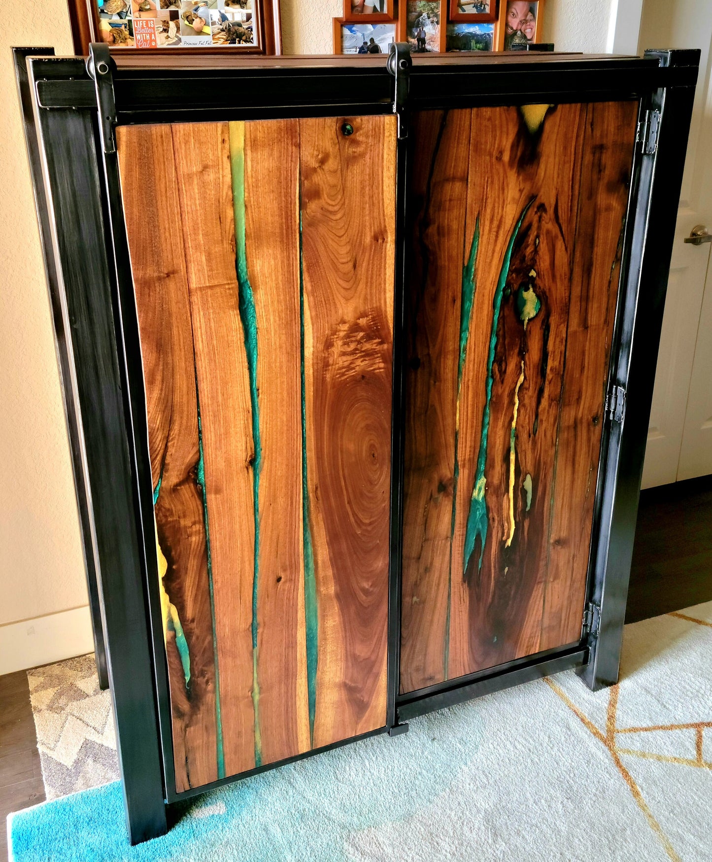 Barndoor Dresser - Liqour Cabinet - American Black Walnut & Epoxy Inlay - Handmade in USA