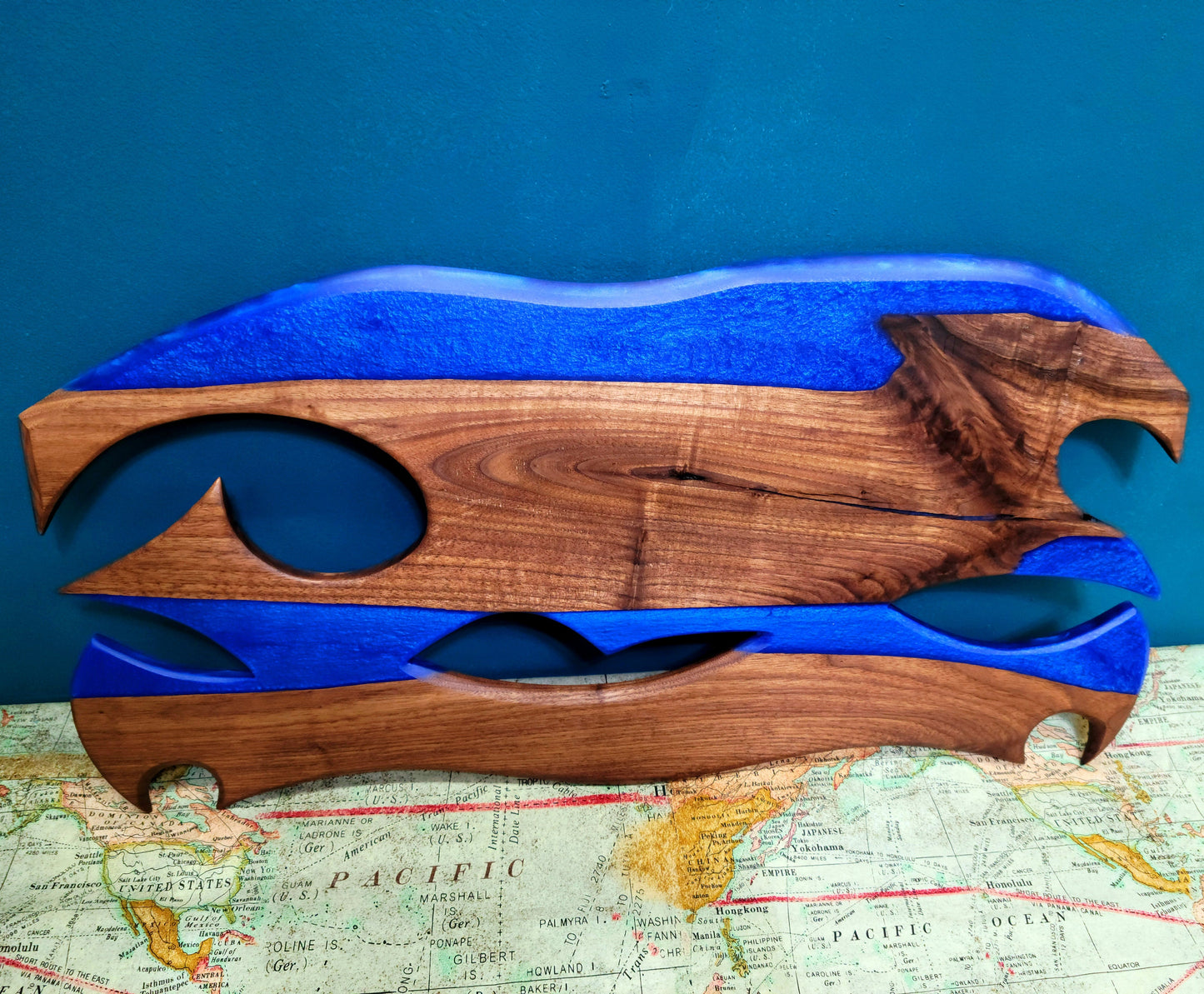 Ready to Ship! Ocean Blue Epoxy Resin Wave/Axe Art with American Black Walnut Wood and Display