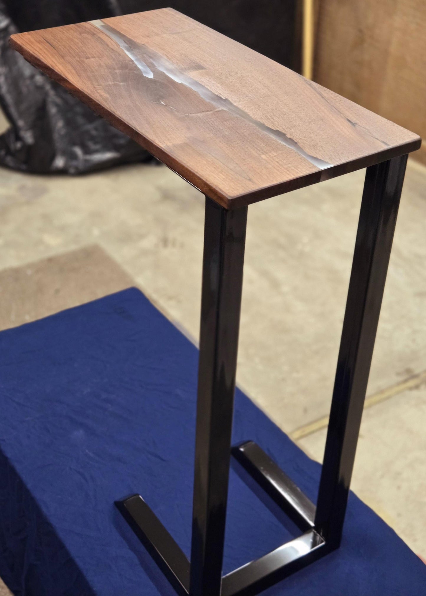 Clear Side Table - Handmade Real Steel & American Walnut with Ghost Copper epoxy