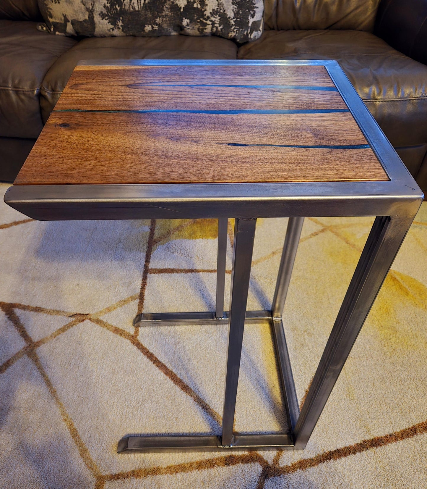 C-Side Table - Handmade Real Steel & American Walnut with Emerald Epoxy