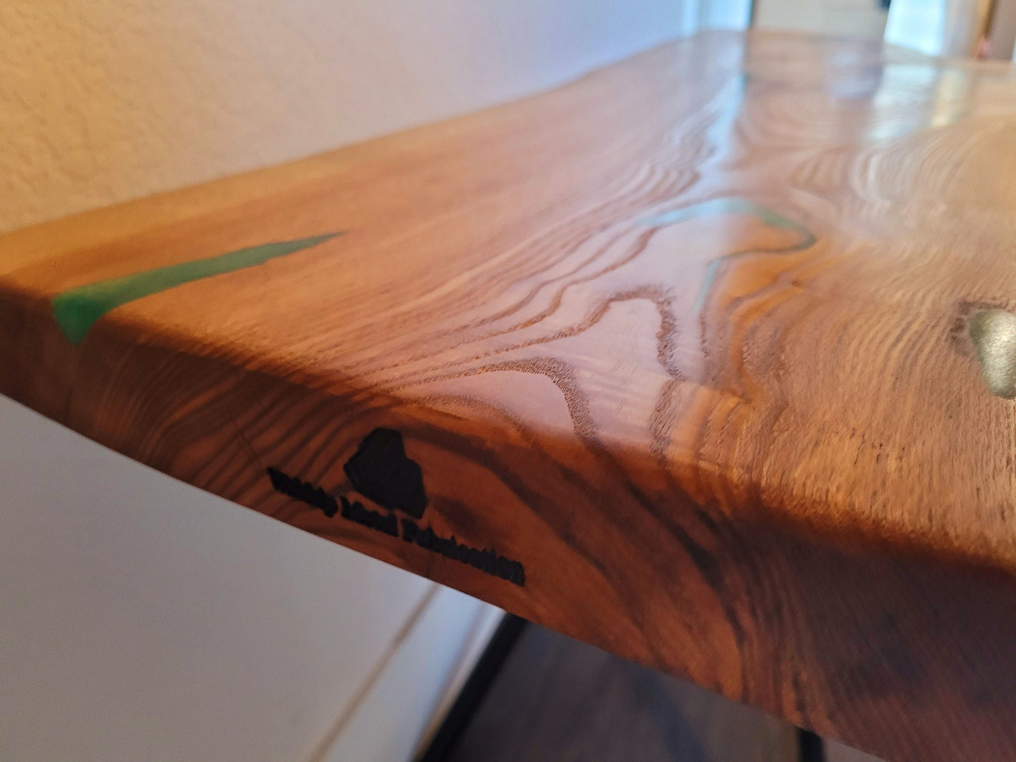 Ready to Ship! Cross Leg Table - White Oak Slab with Green Envy Epoxy