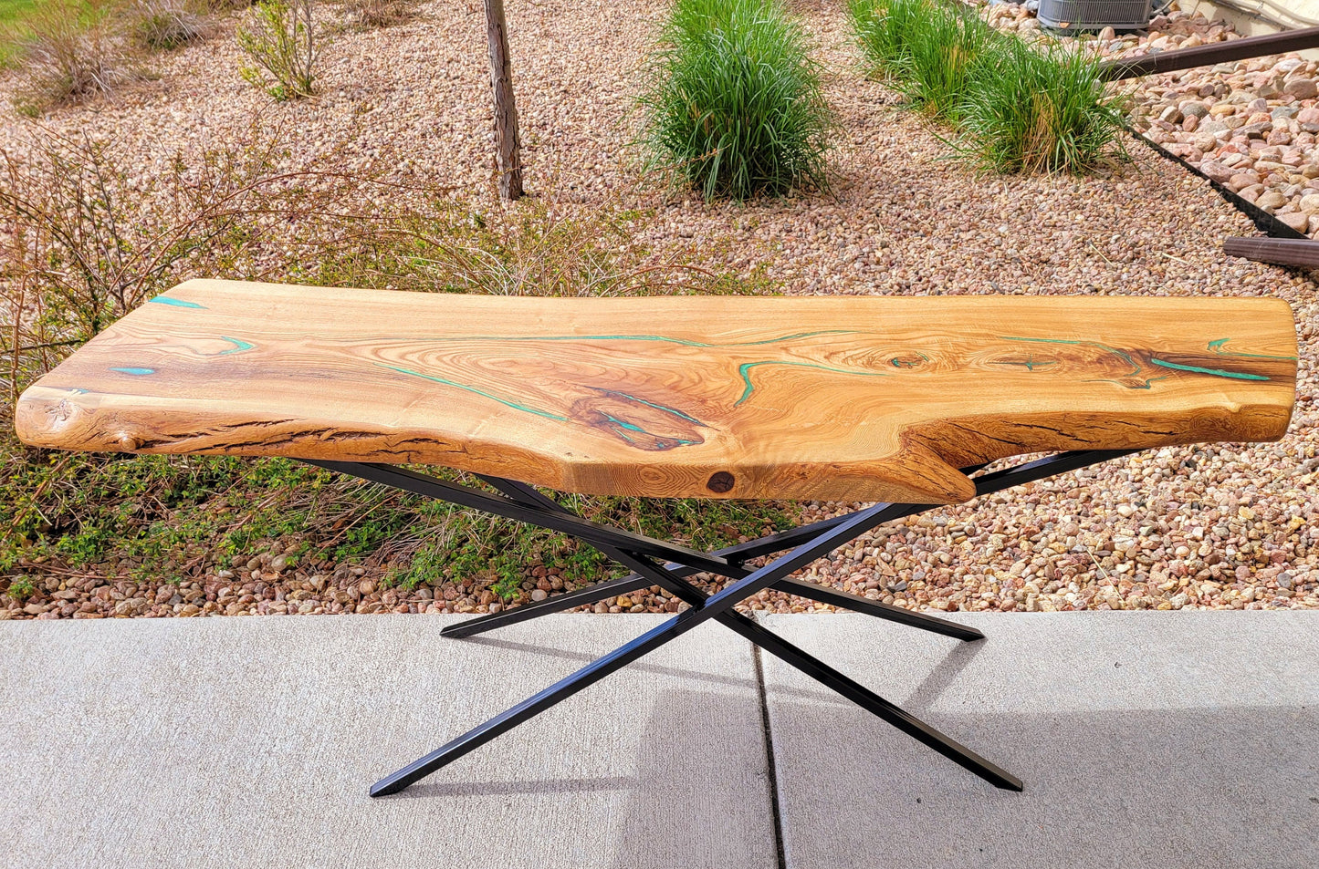 Ready to Ship! Cross Leg Table - White Oak Slab with Green Envy Epoxy